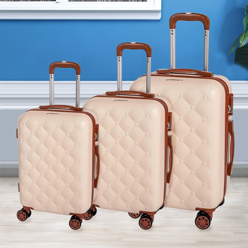 Set 3 Valigie Rigide in ABS, Valigia Rigida con Manico Telescopico e 4 Ruote Easy Roll, Trolley Resistente e Leggero da Viaggio, Bagaglio a Mano con Serratura Codice (Beige e Marrone)