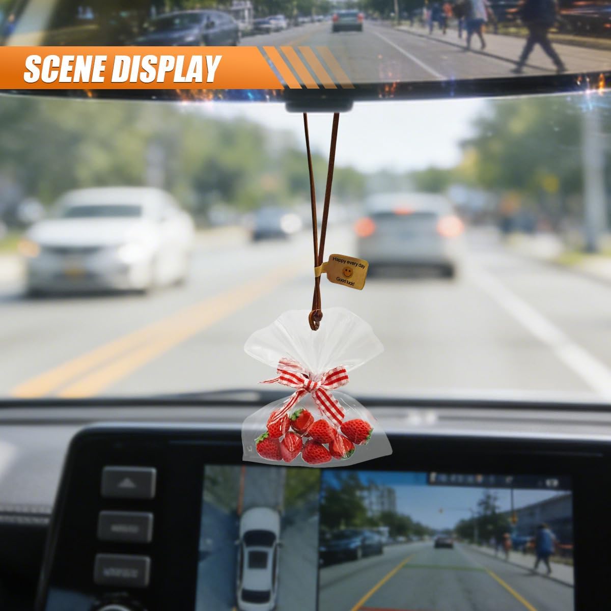 Swing Strawberry Car Hanging Ornament, Cute Fruit Car Rear View Mirror Charm with Transparent Bag Design, Funny Automotive Interior Pendant Decoration for Vehicle Home (Red) image 5