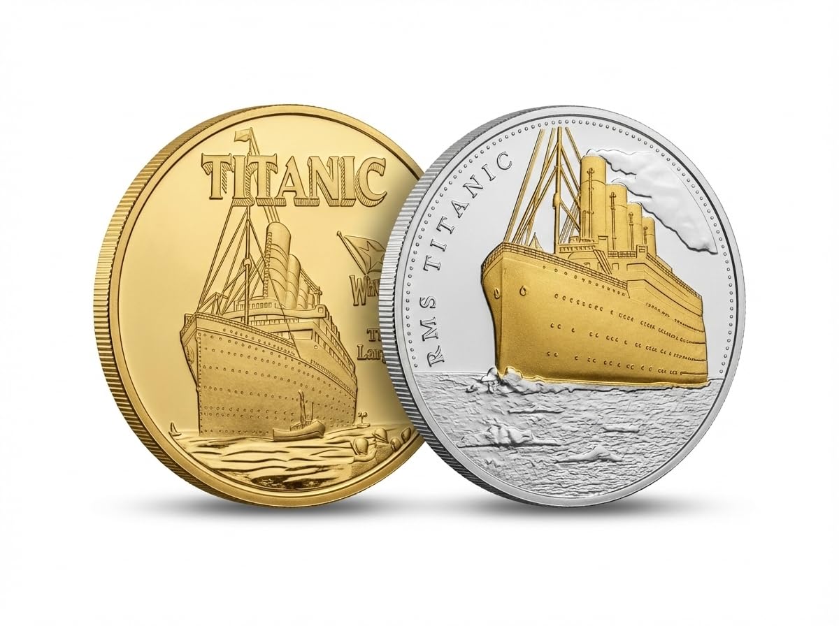 Eillwin Silver Color And Gold Color Titanic Commemorative Set Of Two Coins - Rms White Star Line Anniversary Voyage, Detailed Maritime Memorabilia Souvenir