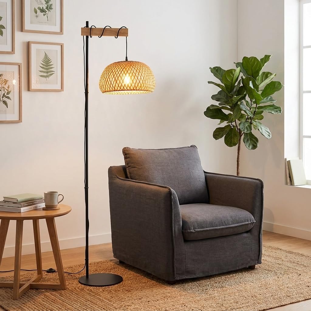 BARCELONA LED Lámpara De Pie Grande De Bambú Y Mimbre Estilo Natural Isla Boho Con Base Negra Metálica Pantalla Artesanal Lámpara Alta Decorativa Rústica Moderna E27 Para Interior Salón