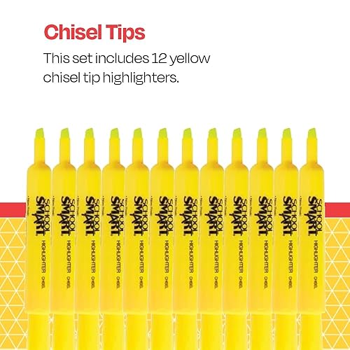 Miniatura 7 de School Smart Resaltadores estilo tanque, punta de cincel, amarillo, paquete de 12