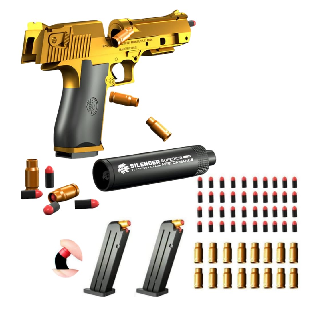 Toy gun with soft bullets,Foam Blasters,toy gun with ejectable magazine and bullets-1:1 size toy gun for safety training or play Outdoor Indoor Fun-unique gift(gold)