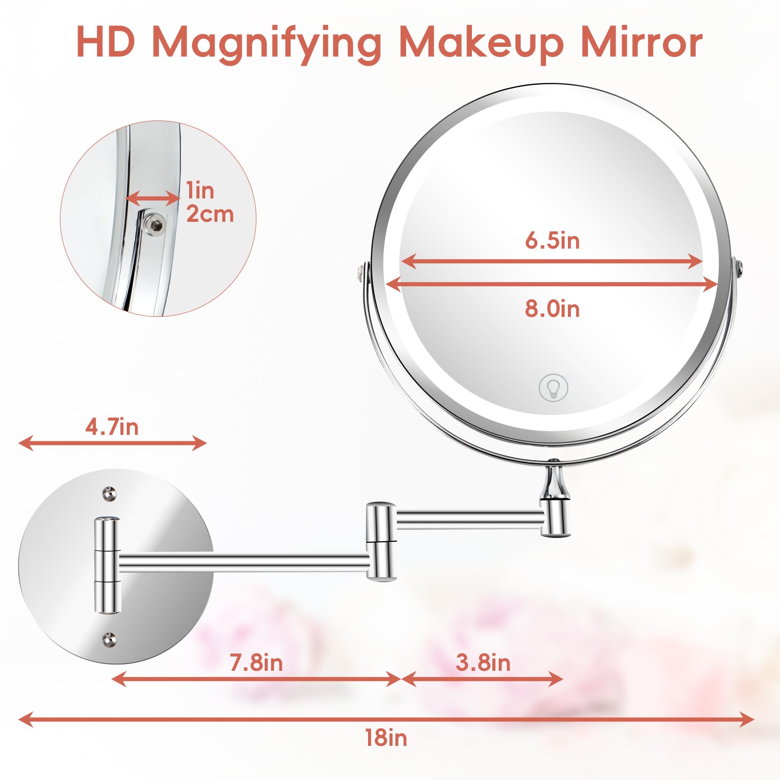 Specchio da trucco da parete da 20,3 cm, specchio cosmetico con ingrandimento 1x/10x, con luci, LED ricaricabile a 3 colori, luminosità regolabile, specchio da bagno con interruttore touch,