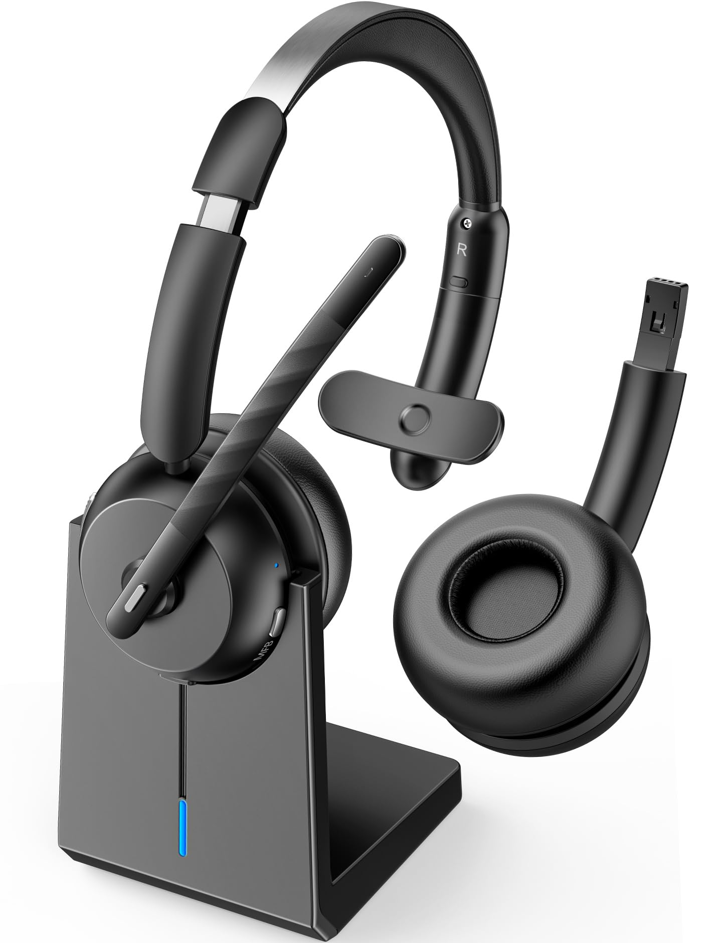 COSMUSIS Wireless Headset with Mic for Work, Bluetooth 5.3 Headsets with Microphone and Detachable Earpads, 50H Playtime with Charging Base, Noise