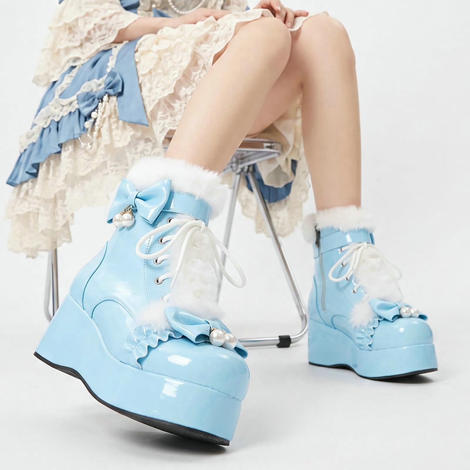 Generico Stivaletti Donna Invernali Fiocco Pelliccia Interna Plateau Scarpe Calde Moda