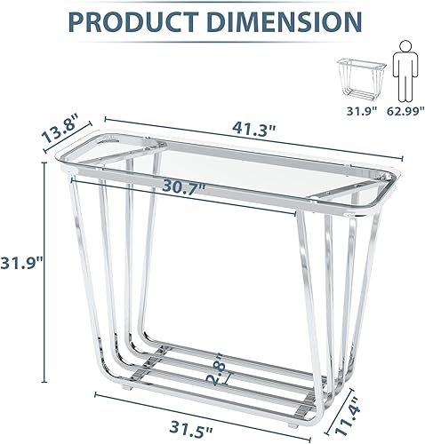 Miniatura 2 de OIOG Mesa consola de cristal para entrada, mesa de entrada moderna con vidrio templado y marco cromado, mesa de sofá plateada para sala de estar y