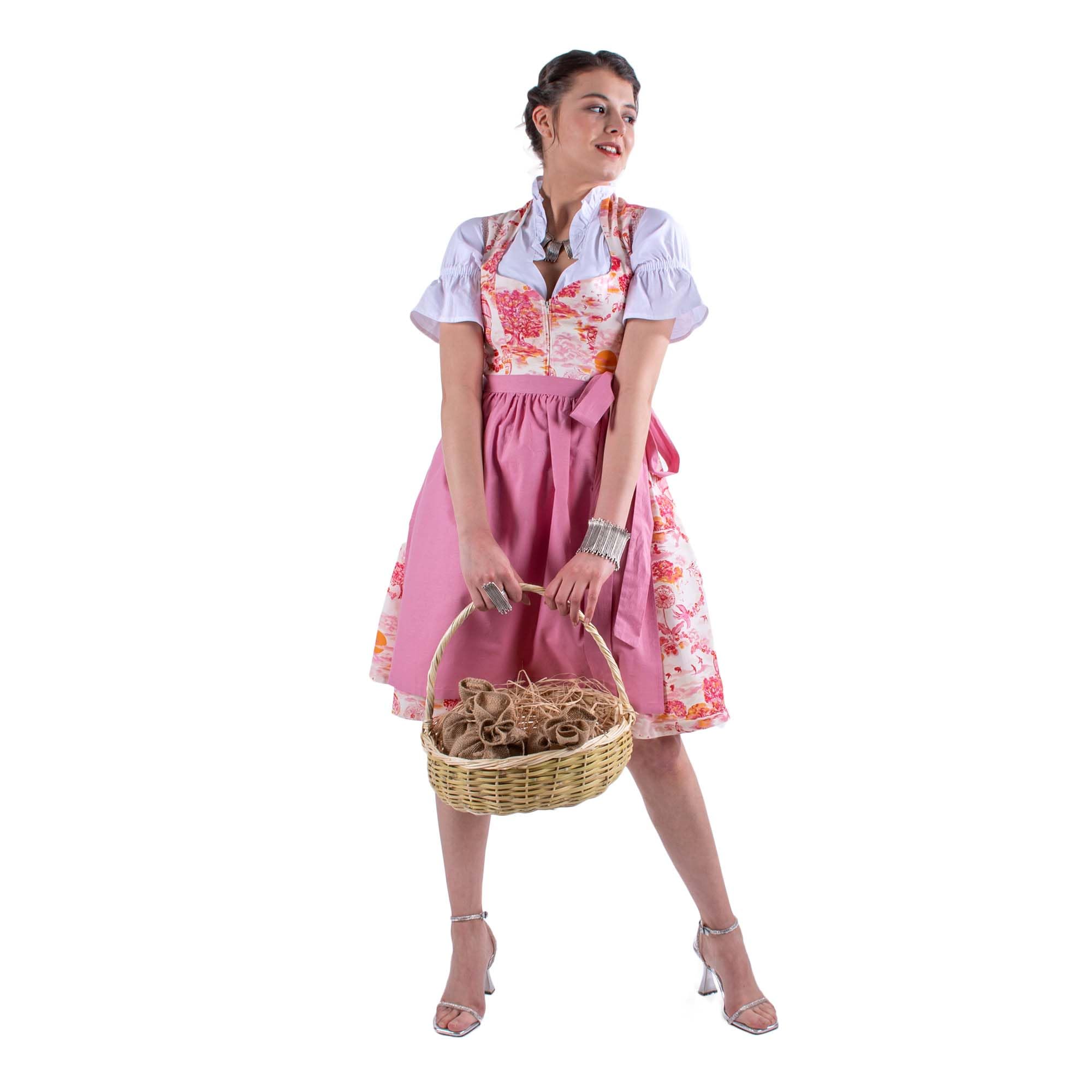 Dirndl Beige für Damen, Trachten Kleid Midi mit Schürze, Tracht Kleider Midi festlich mit elegante Dirndlschürze, Festliche Oktoberfest Kleidung elegant für Frauen, Mädchen Trachtenkleid