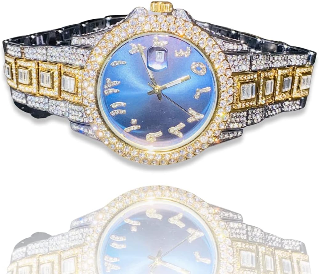 Men's Round Gold Silver 2 Tone Blue Arabic Dial Wrist Watch Band Luxury Baguette CZ Diamond Iced Bracelet Watch Roman Numeric Dial Watch Men Women Hip Hop Rapper Choice, Custom Fit, Bust Down Watch