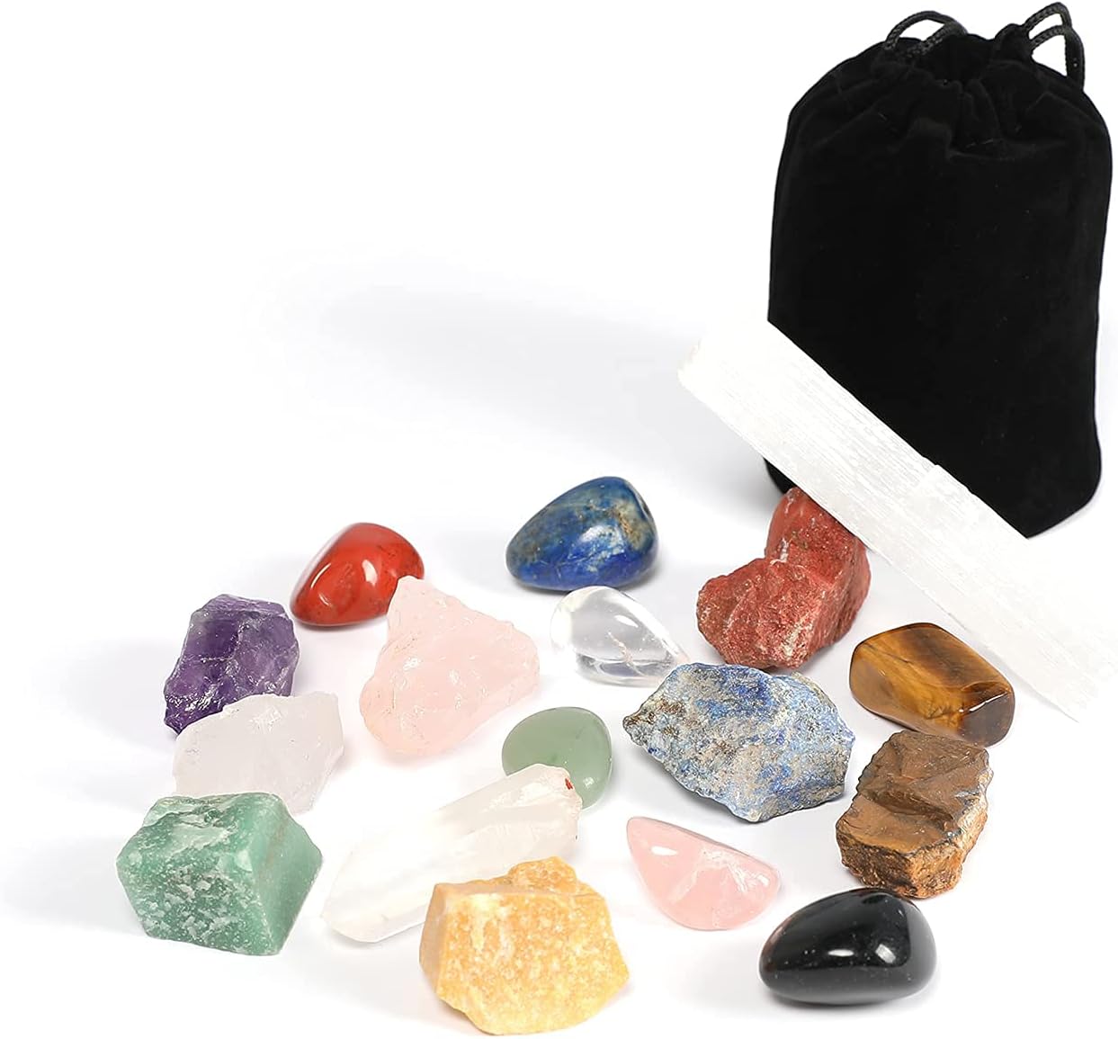18 pcs Healing Natural Crystals kit,8 Raw Chakra Stones,7 Tumbled Stone,Selenite Wand, Clear Quartz Point- for Crystal and Meditation Energy Gemstone Therapy Balancing Yoga Amulet Collection Gift