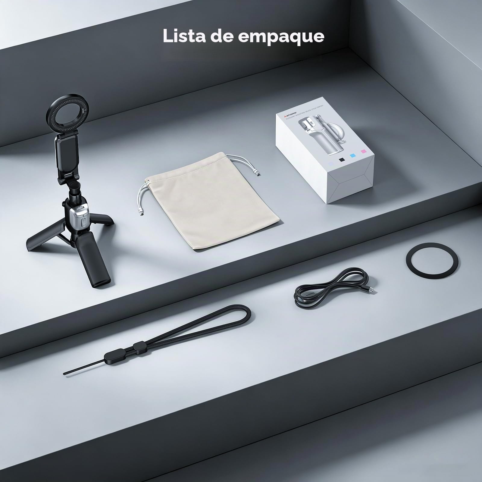 AMAZEAR Palo Selfie Tripode para Movil (4 en 1), Selfie Stick Negro