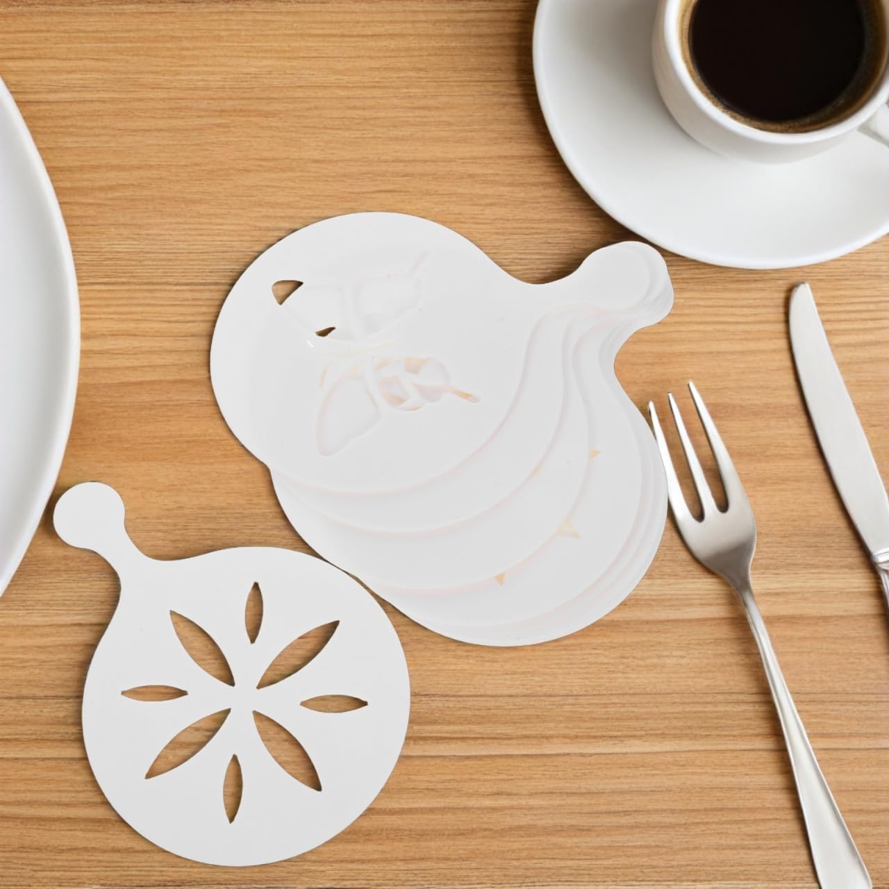 Cabilock Reusable Latte Art Stencils 3.94X2.76 Inch Plastic Templates for Coffee Cappuccino Cake Decorating with Flower Leaves & DIY Baking Stencils