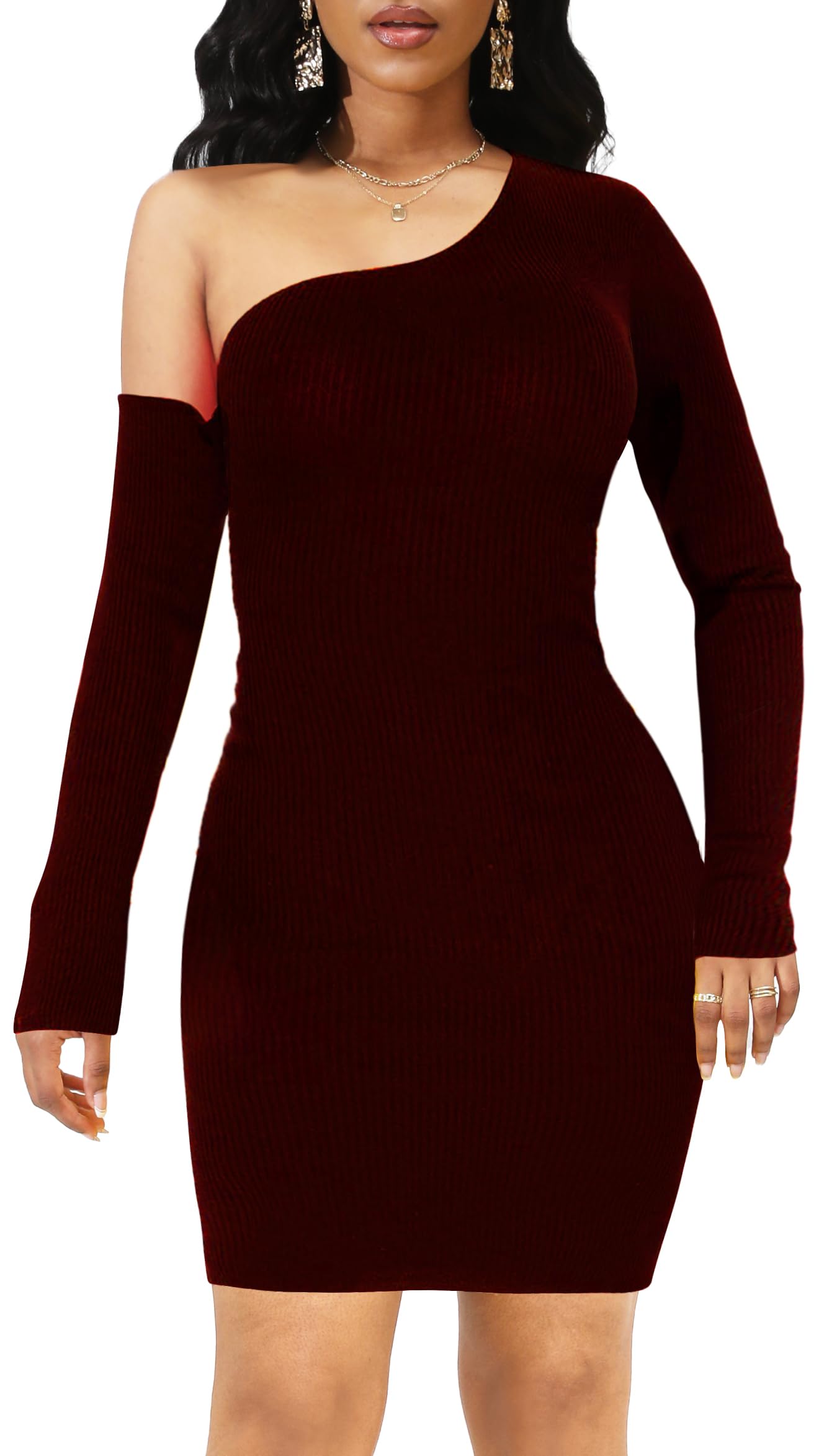 SxClub Women's Winter Sweater Dresses Sexy Cold Shoulder Pullover Dress