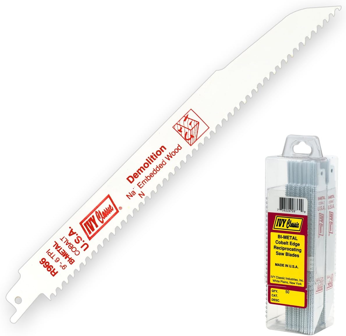 IVY Classic 28386 9 in. 6 TPI, 7/8 in. Wide Bi-Metal Reciprocating Demolition Saw Blade, Cuts Wood/Nails (20-Pack)