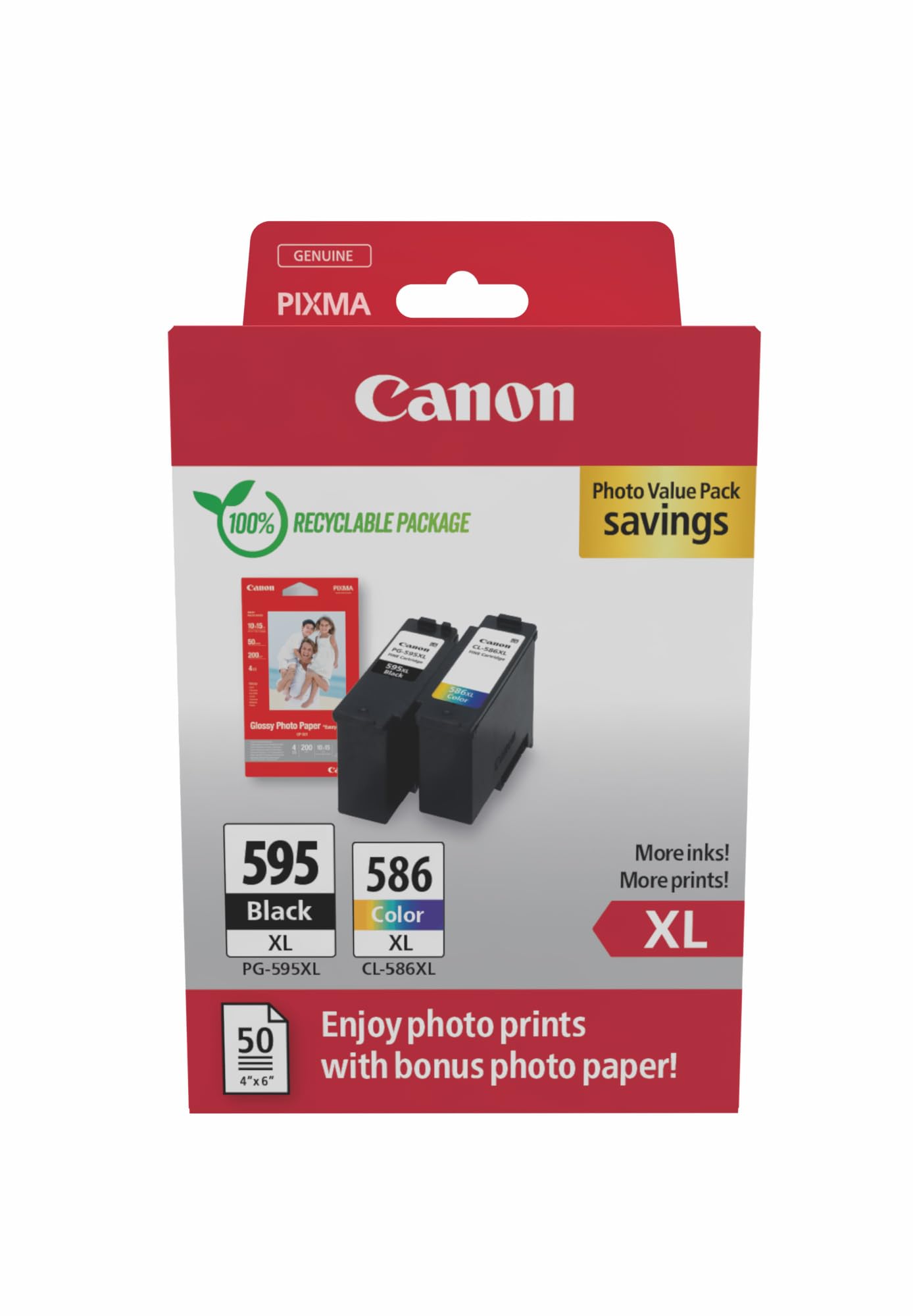 Canon PG-595 XL/CL-586 XL Cartuchos de Tinta Original, 1 Cartucho Negro y 1 Cartucho Color, Incluye Papel fotográfico 4x6 (50 x Hojas) GP-501