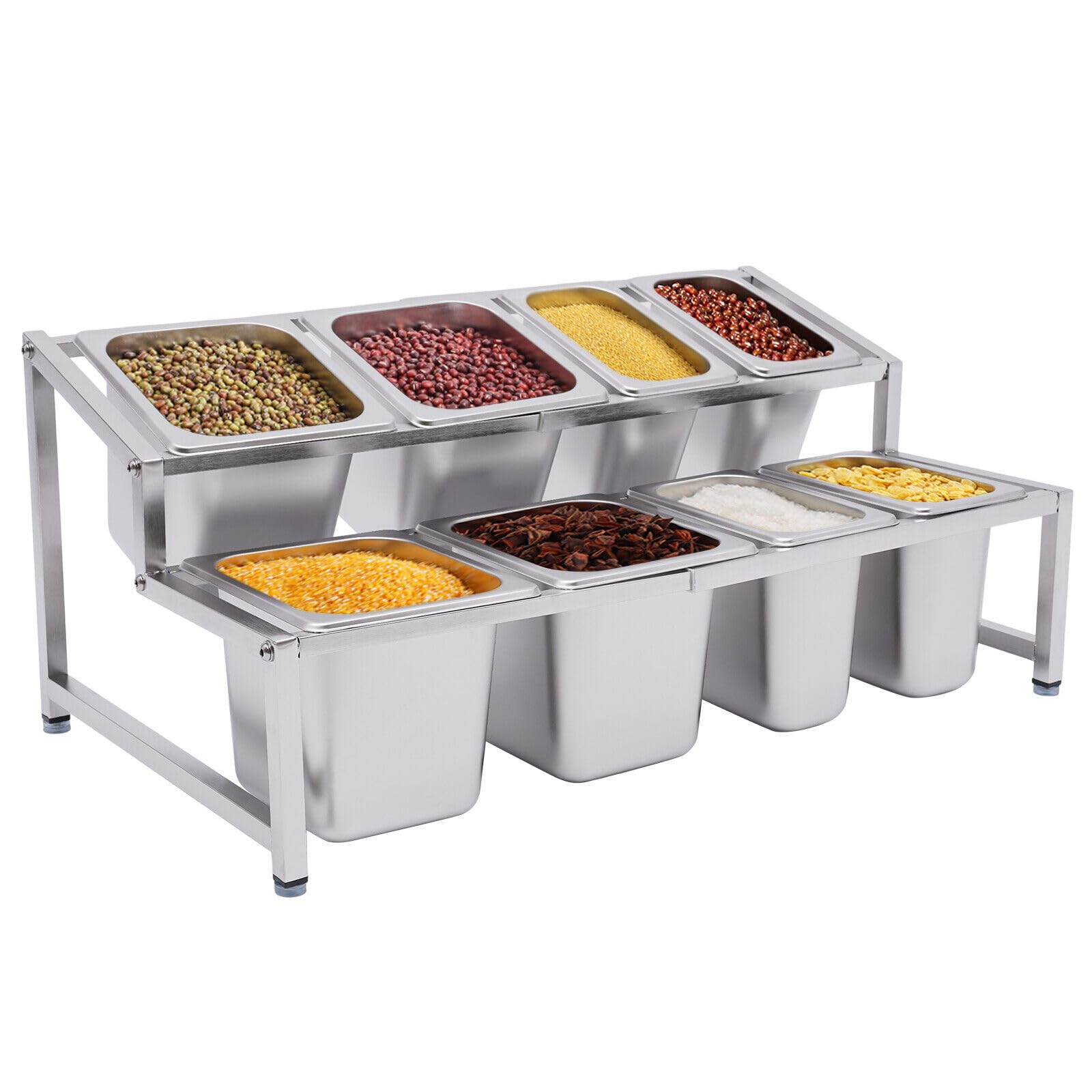 Adjuble Étagère extensible en acier de 35 cm avec 4 poêles de 1/9, 4 poêles de 1/6 et 8 louches. Parfait pour les sauces, les grents, les fruits, la cuisine