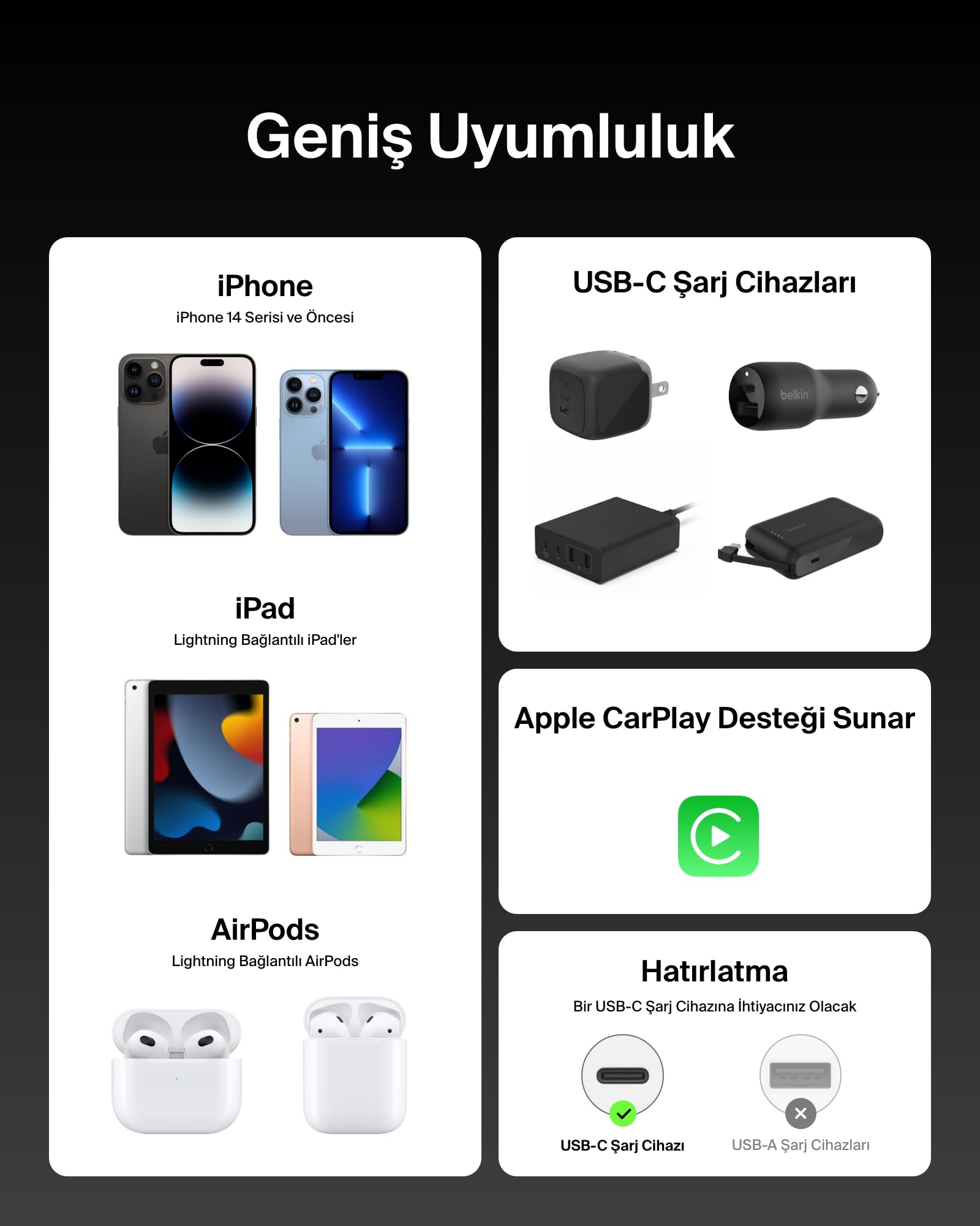 Belkin 2'li Örgülü USB-C - Lightning Kablo, 1,5 m, iPhone 14 ve önceki modeller, 9. Nesil iPad ve AirPods için hızlı şarj kablosu, Siyah
