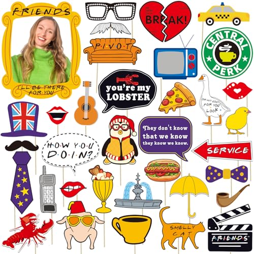35pcs Friends Themed Party Photo Booth Props, Friends Selfie Frame with Friends TV Show Party Photo Props, Friends Themed Birthday Bachelorette Party Decorations Friends Party Supplies