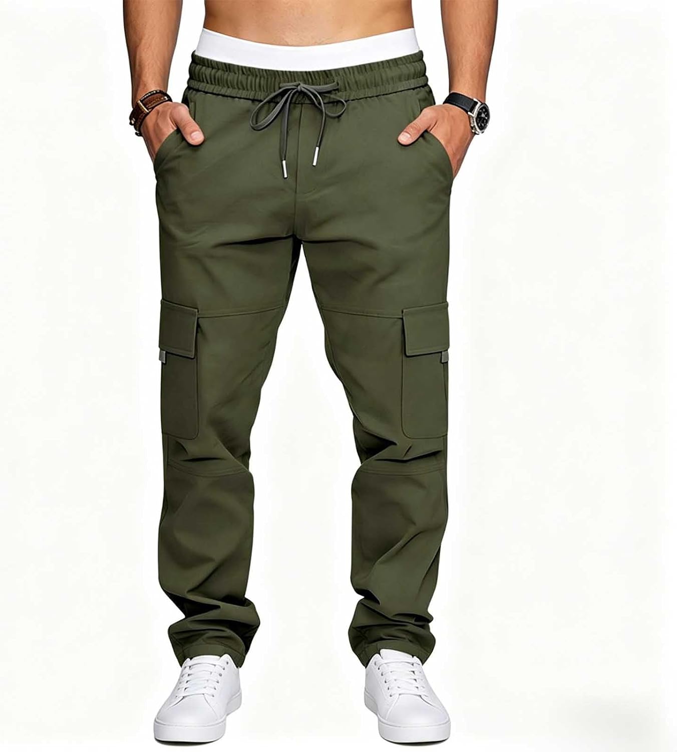 Mens Baggy Cargo Pants Elastic Waist Casual Lounge Trousers | Oversized Baggy Fit, Mid Rise Elastic Waist, Leisure Slacks, Soft Draped Woven Texture, Summer Outdoor Walk Wear