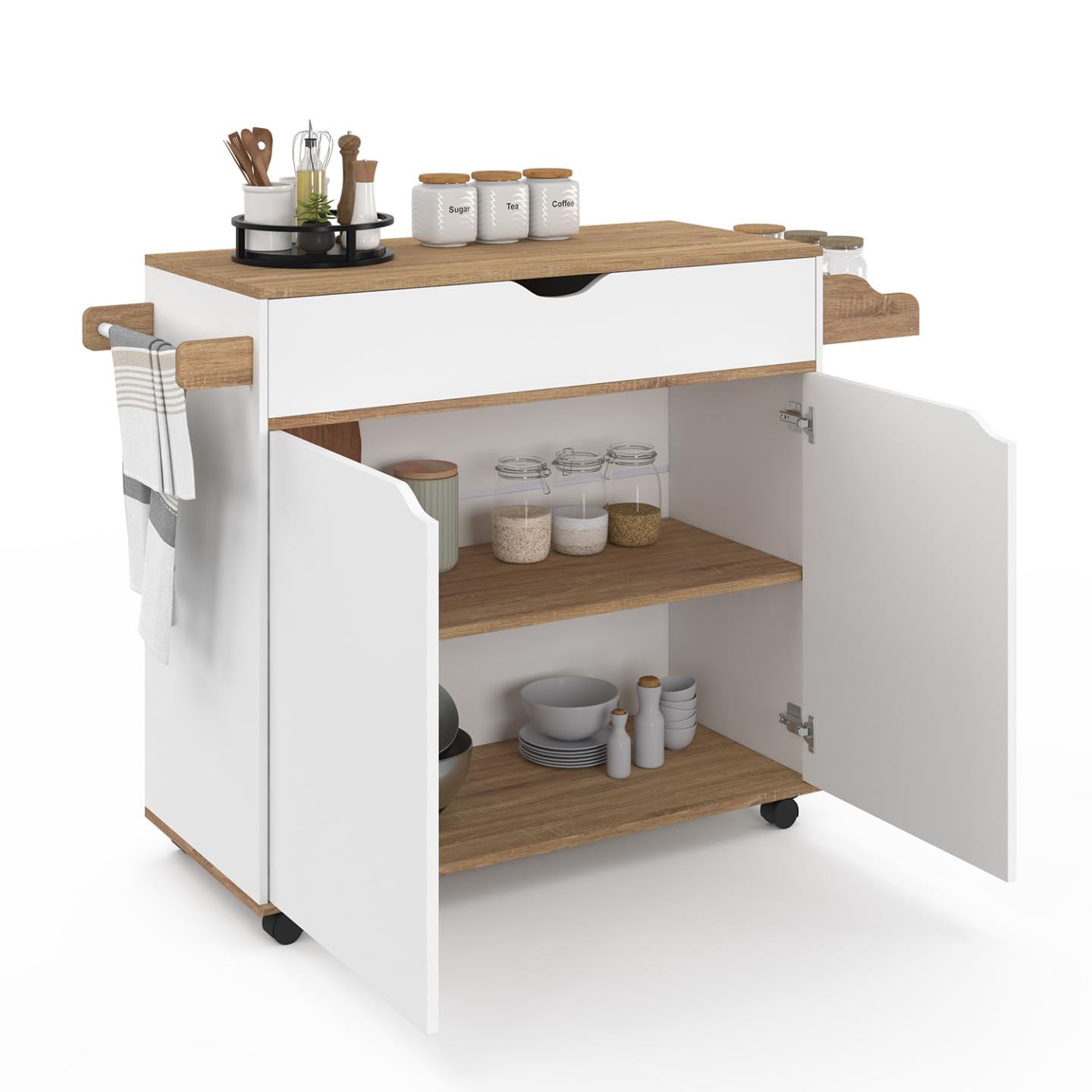 IDMarket - Küchenschrank COSY XXL mit weißer Schublade und Buchenholzplatten B.90 CM
