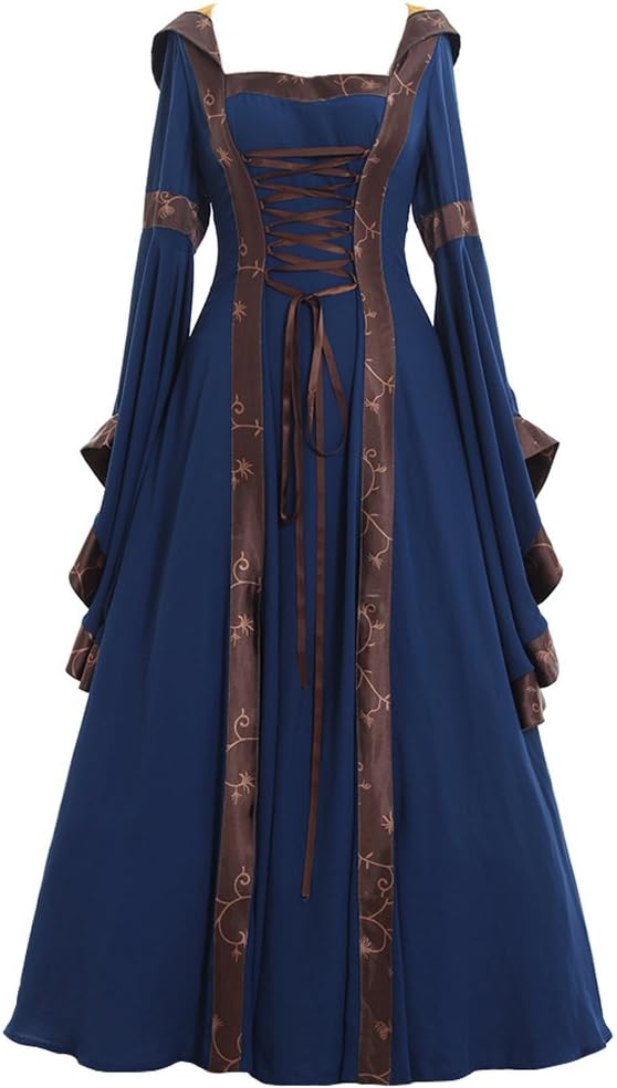 CosplayDiy Women's Gothic Victorian Witch Vampire Dress Medieval Renaissance Hooded Dress Trumpet Sleeves Cosplay Gown Dress X-Small Blue