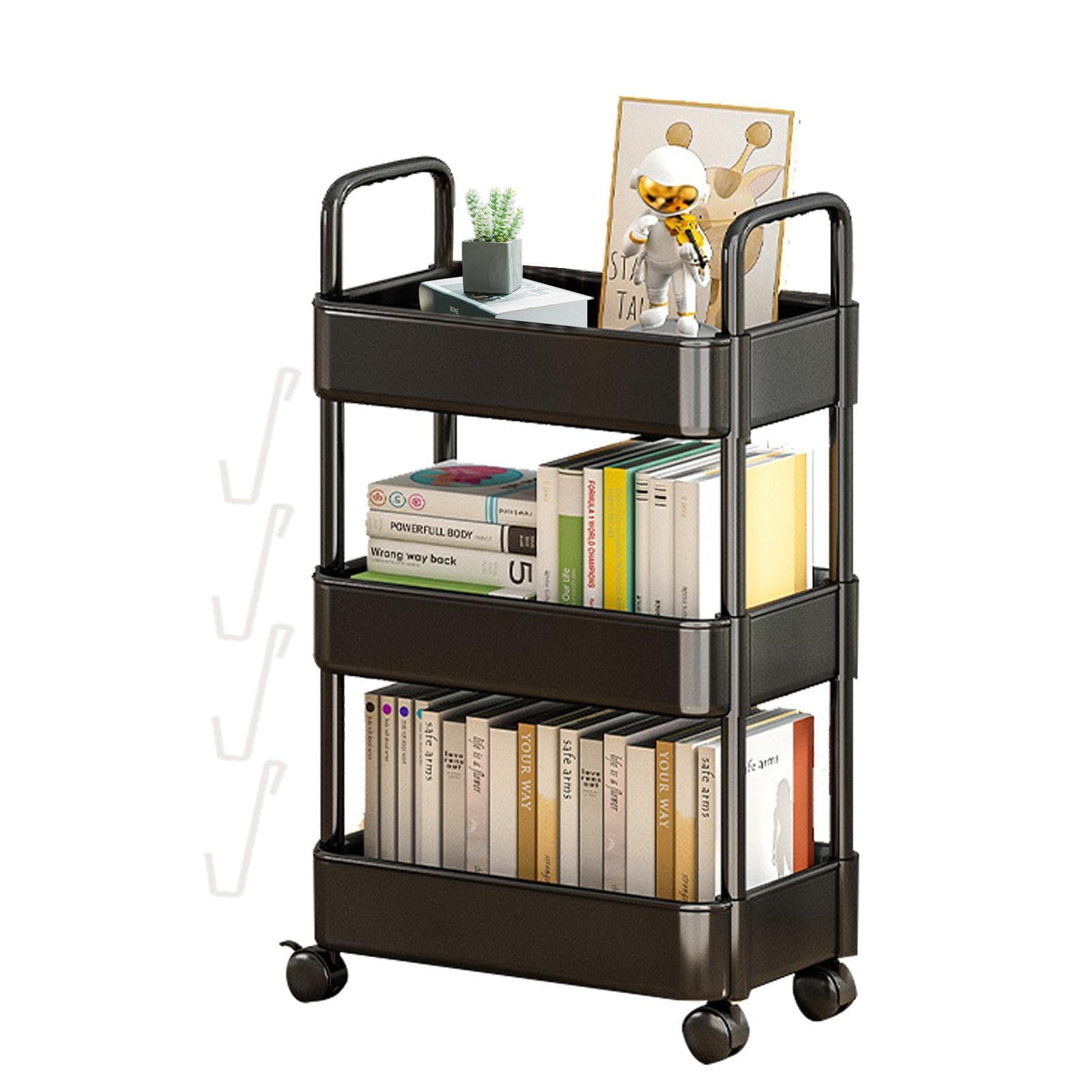 EHOTER Mobile Bookshelf with Wheel 2/3/4 Tiers Movable Bookshelf Cart Storage Rack Multi Purpose Rolling Book Cart Organizer for Home School Laundry Room (3 Tiers,Black)