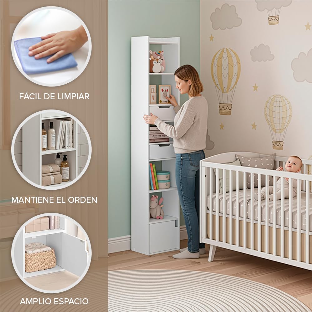 Marctani Libreria Estanteria Blanca con 6 Niveles y 3 Cajones - Estanteria Libros de Madera MDF - Libreria Estrecha y Alta con Almacenaje para Dormitorio, Salon, Baño. Book Shelf 33 x 24 x 181 cm