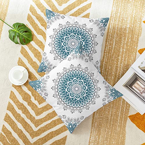 Calitime Throw Pillow Covers Pack Of 2 Cozy Fleece Dahlia Floral Medallion Compass Mandala Style Cushion Cases For Couch Bed Sofa Farmhouse Decoration 18 X 18 Inches Teal Grey #TOP2