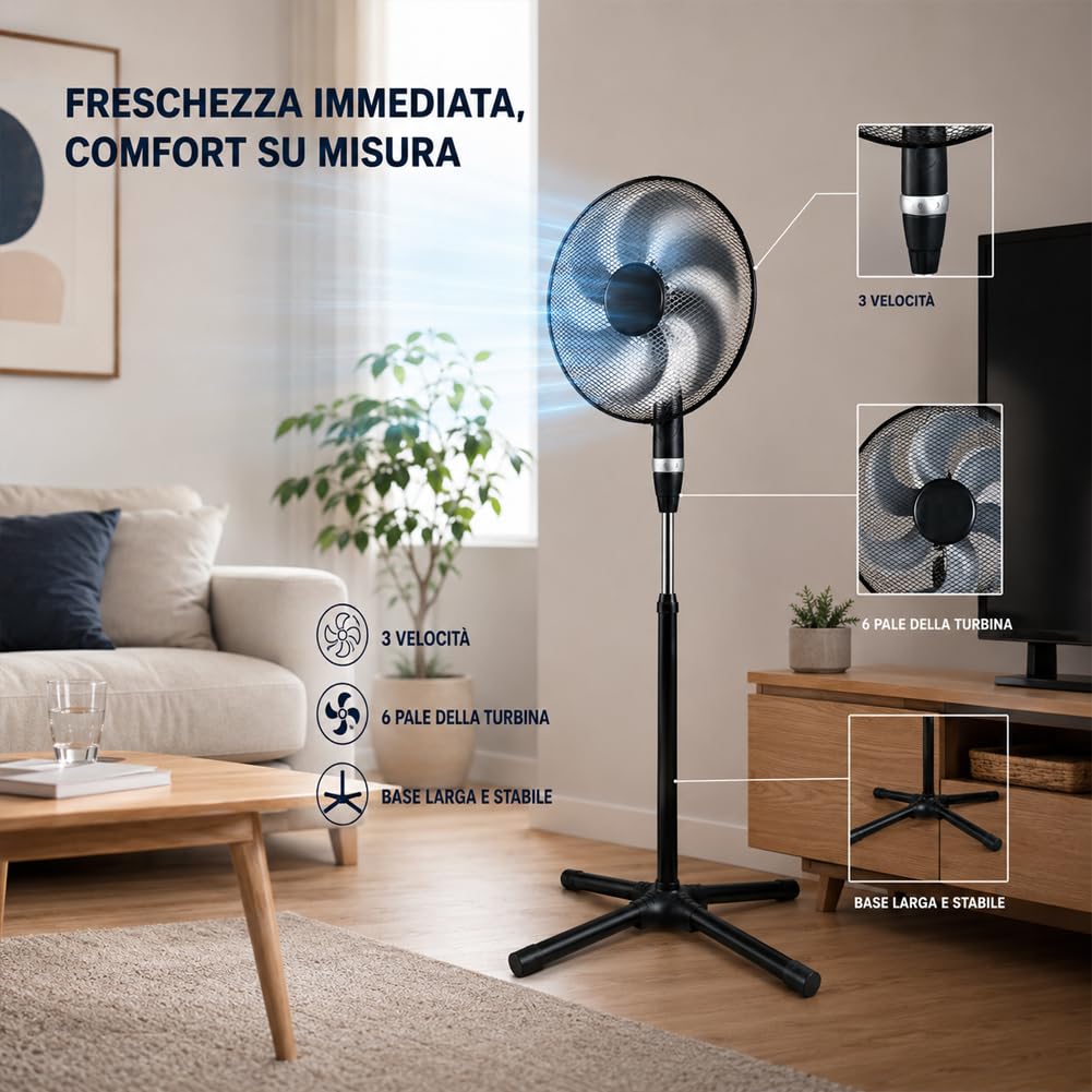BAKAJI Standventilator Leistung 75 W schwarz mit 6 Flügeln Durchmesser 40 cm und Gitter 45 cm, selbsttragender Air Fan mit breitem und soliden Sockel und 3 wählbaren Geschwindigkeiten mit Gleitring
