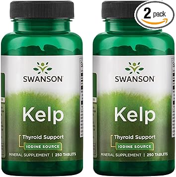 Swanson Kelp - Natural Iodine Source Supporting Thyroid Health - Mineral Supplement w/Iodine Source Standardized 0.4% - (250 Tablets, 225mcg Each) 2 Pack