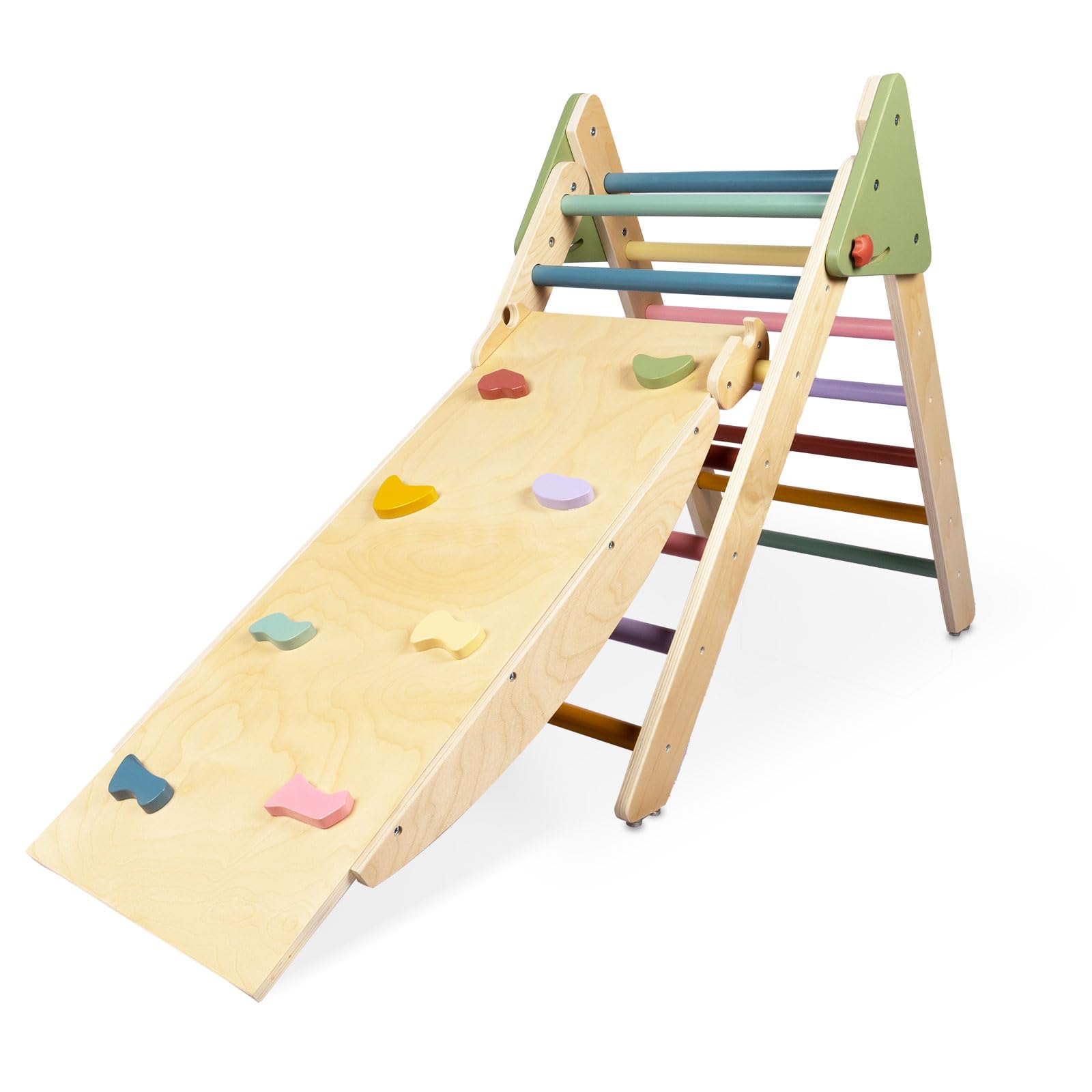 LOL-FUN 4 in 1 Pikler Triangle Set Climber with Ramp & Slide, Large Size Wooden Foldable Toddler Climbing Toys Indoor, Montessori Climbing Toys for Toddlers 1-3 Inside