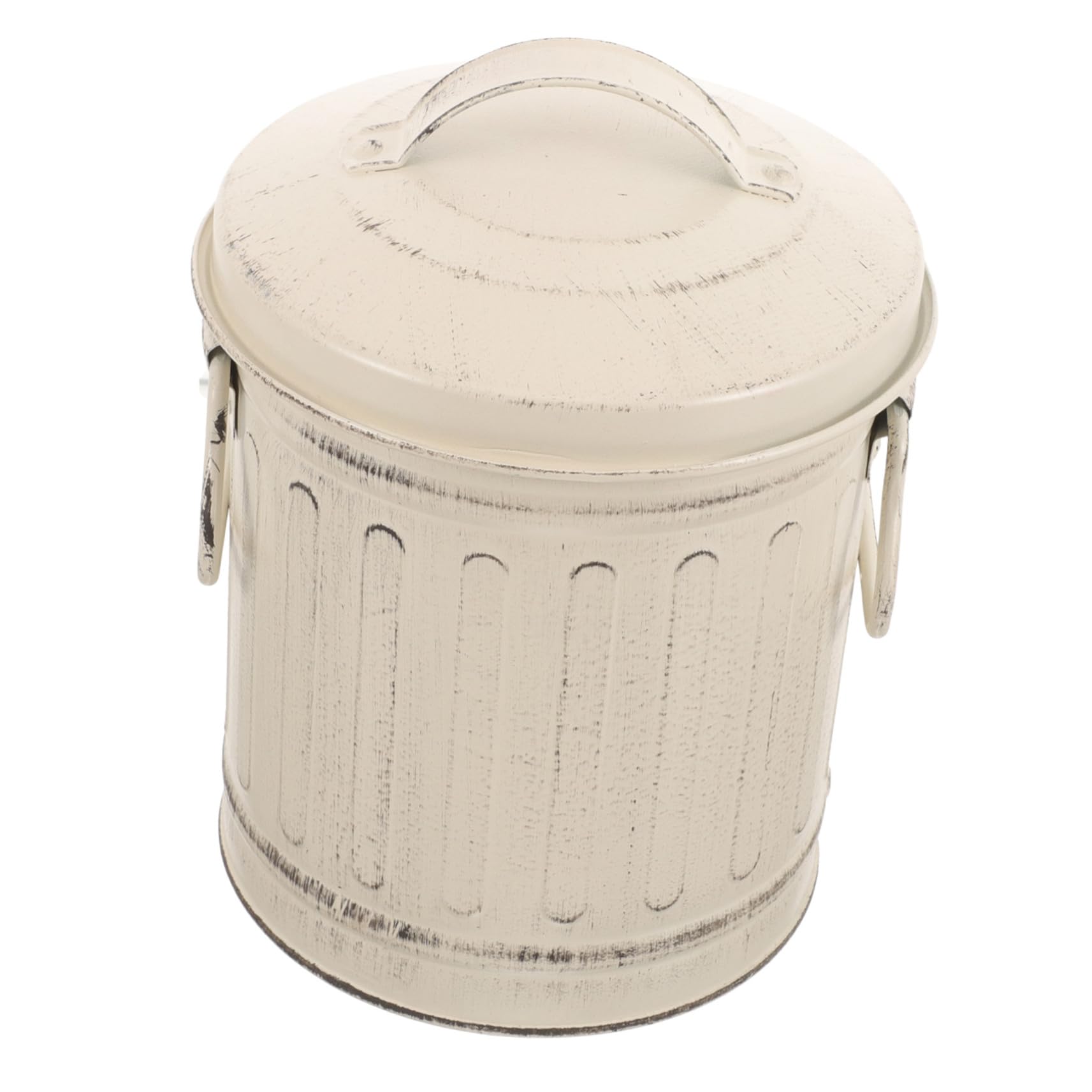 Secchio Cenere Stufa con Coperchio Grande Ferro Beige Vintage