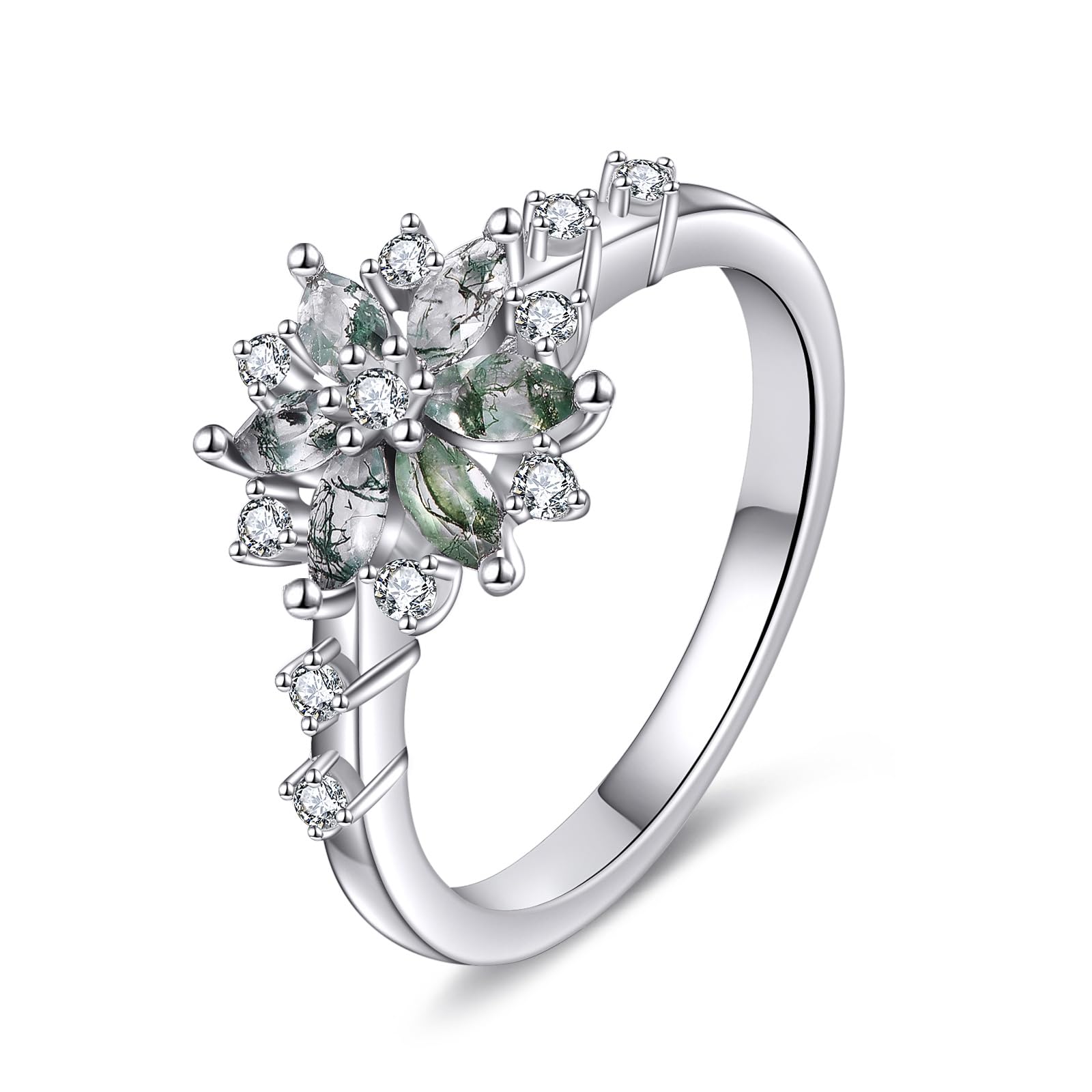 AINFQY Natural Moss Agate Ring for Women 925 Sterling Silver Snowflake Ring Moss Agate Jewelry Gift Engagement Rings