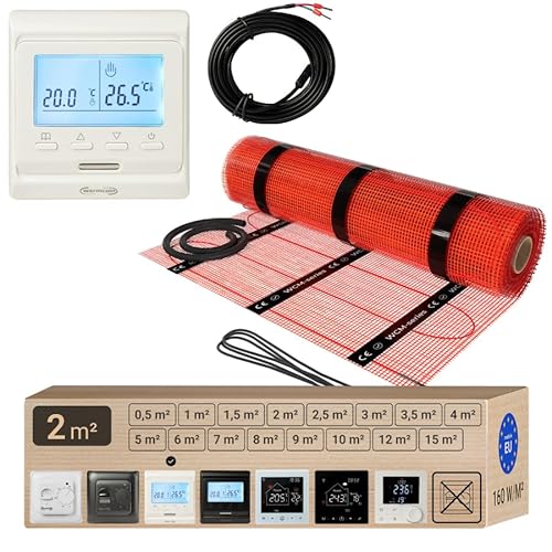 Tapis chauffant Warmcoin™ - Chauffage au sol électrique, auto-adhésif, différentes tailles, 160 W/m² avec au sans thermostat (W51 blanc Thermostat, 2.0m²)