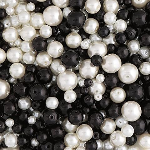 Glass Pearl Beads, Black and White Beads with Pearl Treatment; 4mm, 6mm, 8mm and 10mm Beads. 490 Pieces. for Jewellery Making and Arts and Crafts Cover