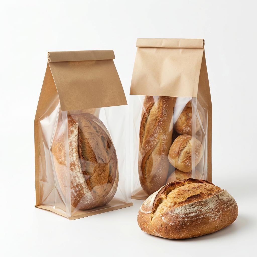 100 Pack Eco-Friendly Kraft Paper Bakery Bags with Clear Window, Reusable Tin Tie Tab Lock for Sealed Freshness, Baked Goods Packaging for Gifting and Bake Sale Extra small(3.9*9.4*3.5Inches)