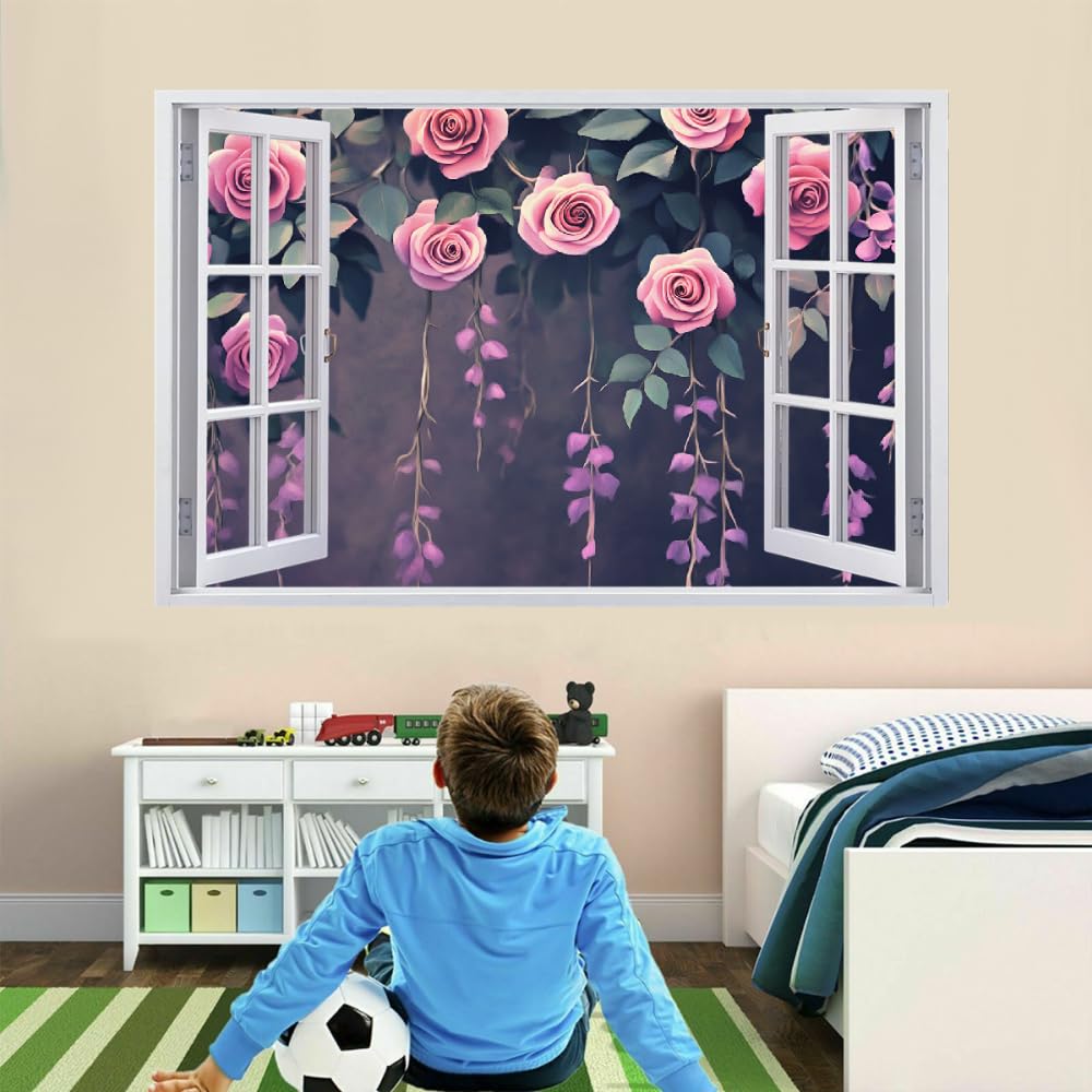 Wandbilder Wandtattoo 3D Rosenblüte Wanddurchbruch Wandaufkleber Natürliche Blumen Fensterdeko Bilder Wanddeko Mädchen Aufkleber Selbstklebend Fenstersticker Wandsticker Kinderzimmer Deko