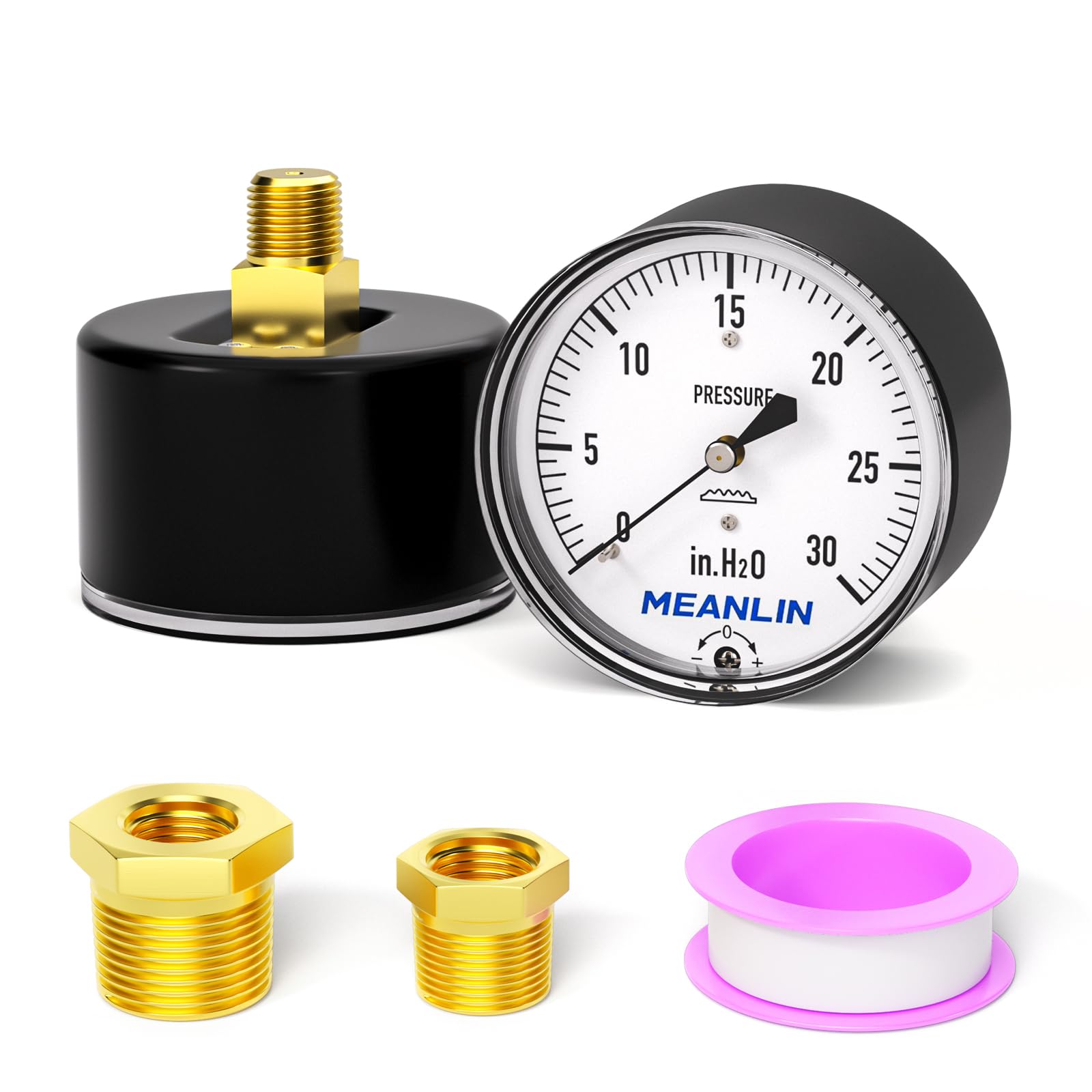 MEANLIN MEASURE0-30 in H2O Diaphragm Type Capsule Low Pressure Gauge 1/4" NPT 2-1/4" FACE DIAL Adjustable Water Column Gauge, with 1/4" x 1/2" NPT and 1/4" x 3/8" NPT Hex Bushing, Lower Mount