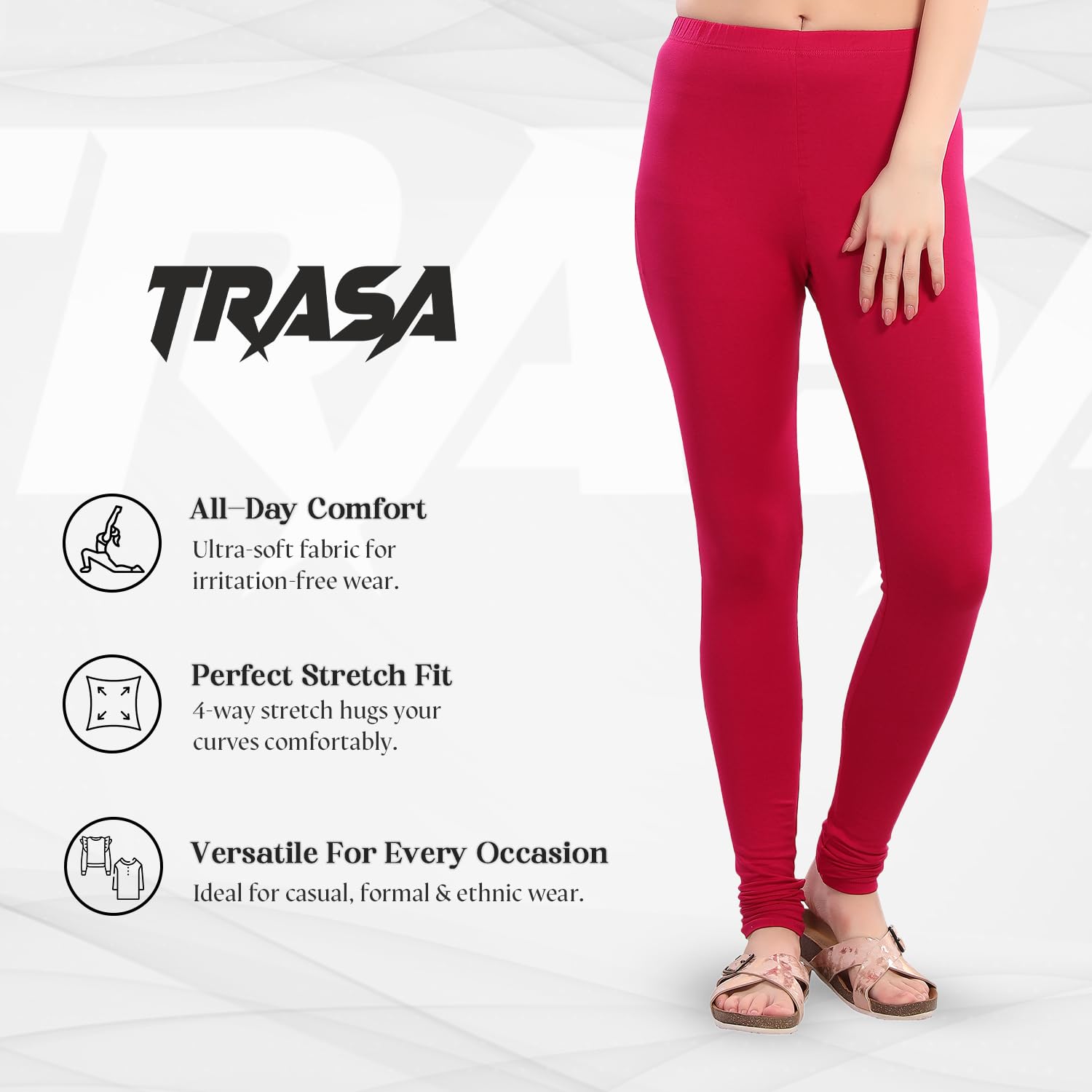 TRASA Ultra Soft Cotton 4 Way Stretchable Solid Regular and Plus Churidar Leggings for Women's and Girls - Size - XL - Dark Pink - Image 2 thumbnail