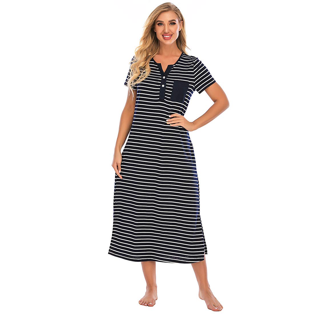 Verve Jelly Women’s Striped Nightgown Short Sleeve Loungewear Nightshirt with Pocket Soft Robe Navy Blue X-Large
