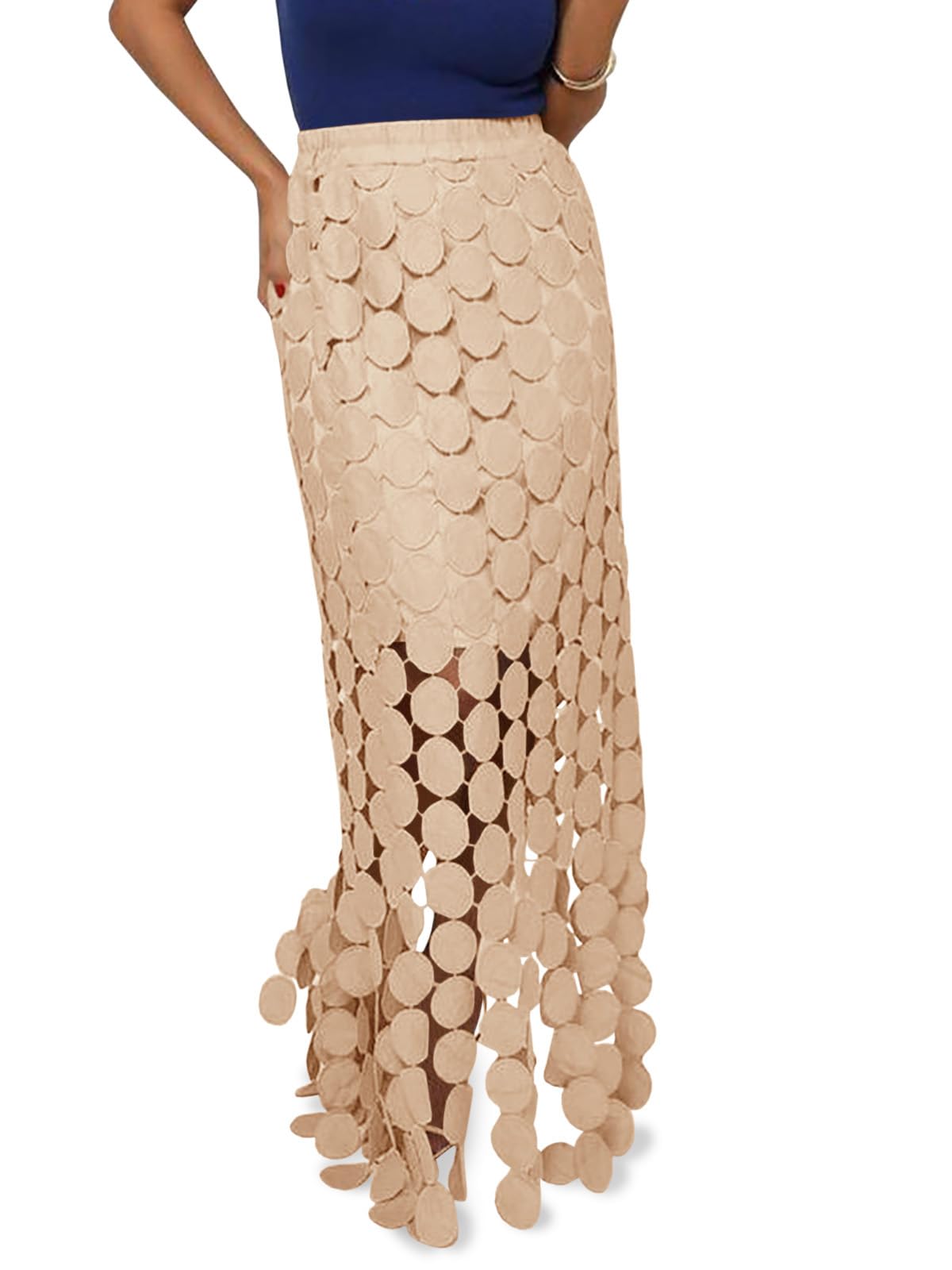 Cicy Bell Womens Hollow Out Maxi Skirts Summer High Waisted Boho Fringe Hem Long Skirt