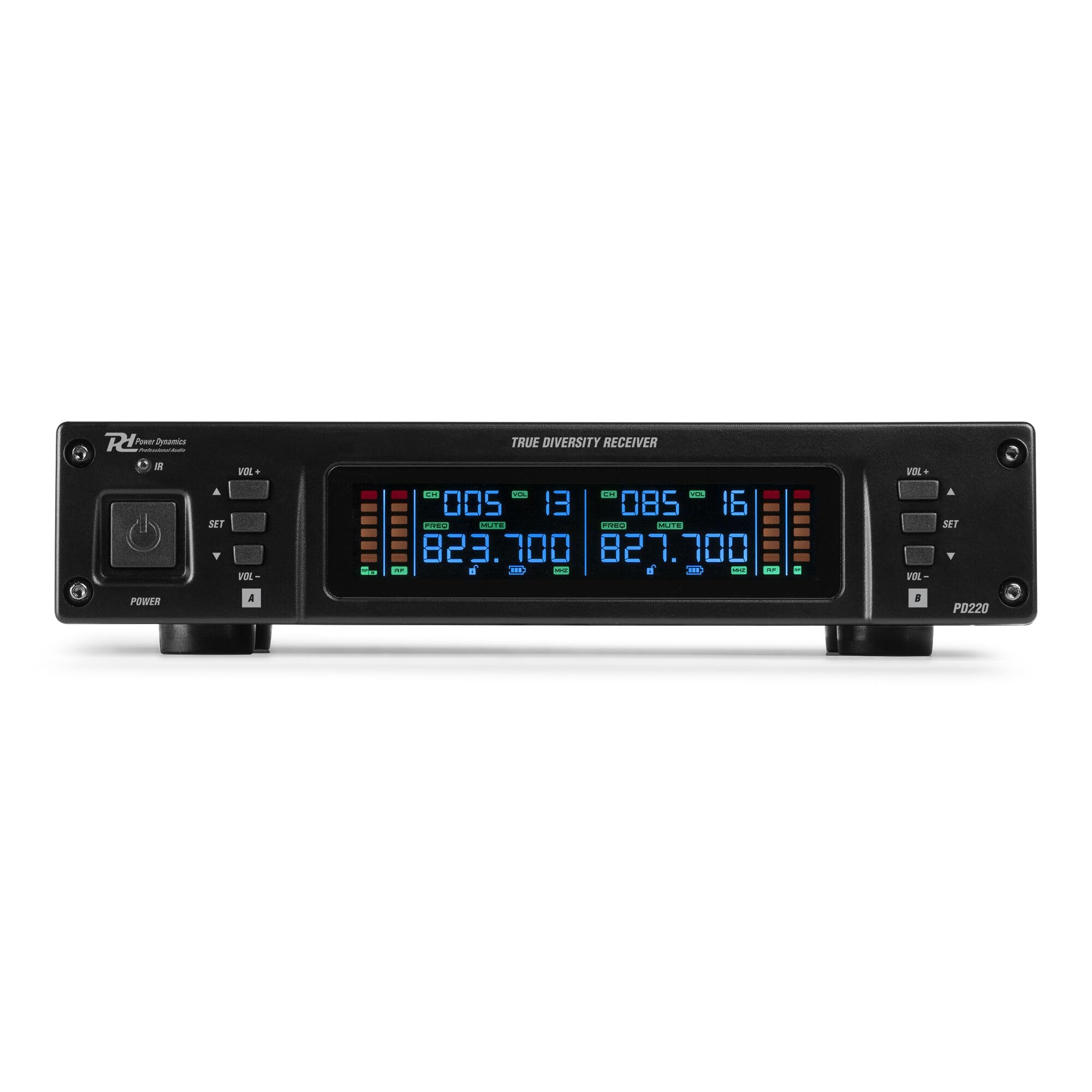 Power Dynamics D220B - Sistema Dual de micrófonos inalámbricos, True Diversity, UHF 823-832 MHz, Doble micrófono bodypack con Solapa y Diadema, 80 Canales, Salidas XLR y Jack 6,3 mm, Estuche Incluido