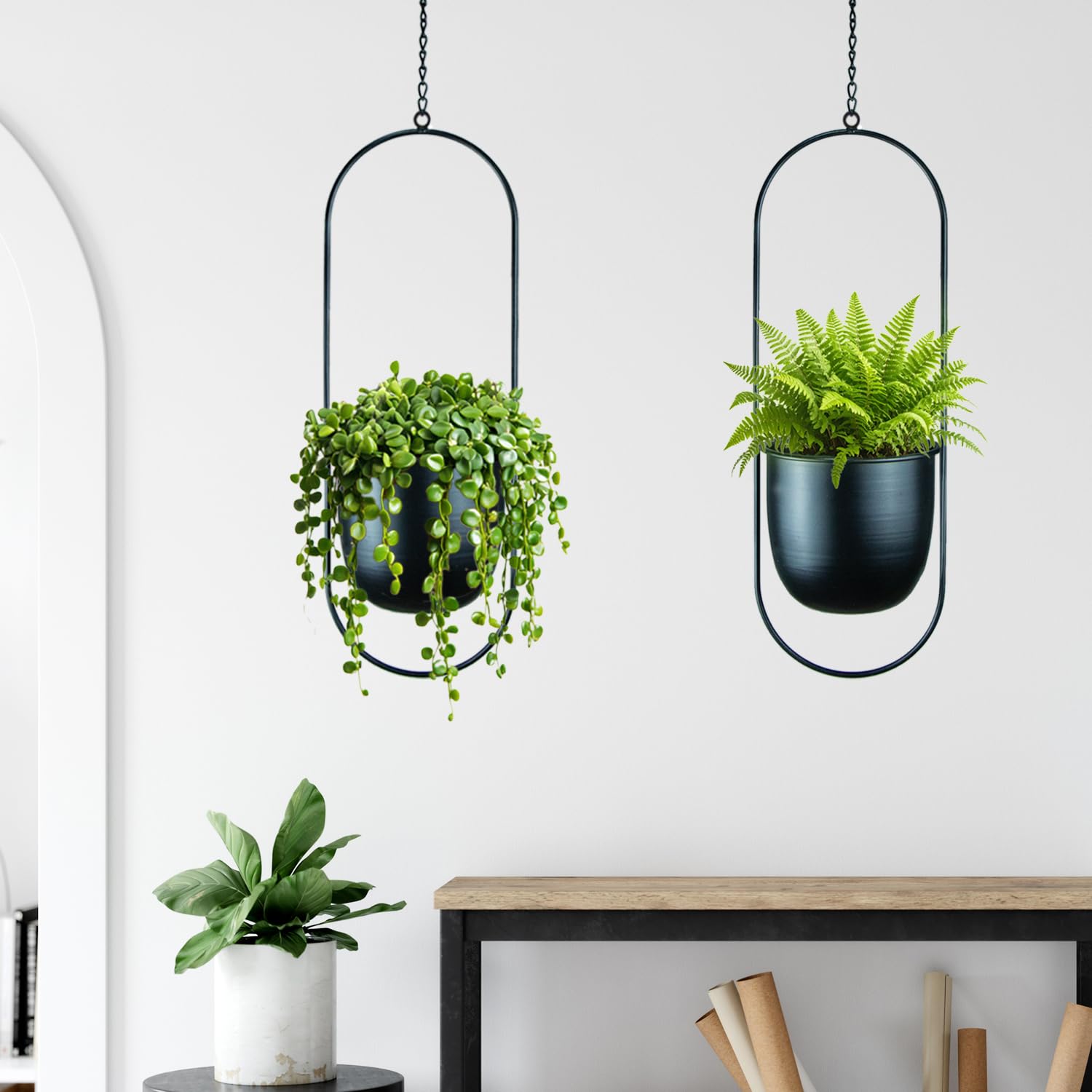 Metall-Pflanzgefäße zum Aufhängen, 2 Stück, schwarz, oval, geometrisch, Pflanzenhänger mit Topf, moderner Wand- und Decken-Pflanzgefäß für Innen- und Außenbereich, 15.2 cm Topf, 2 Stück