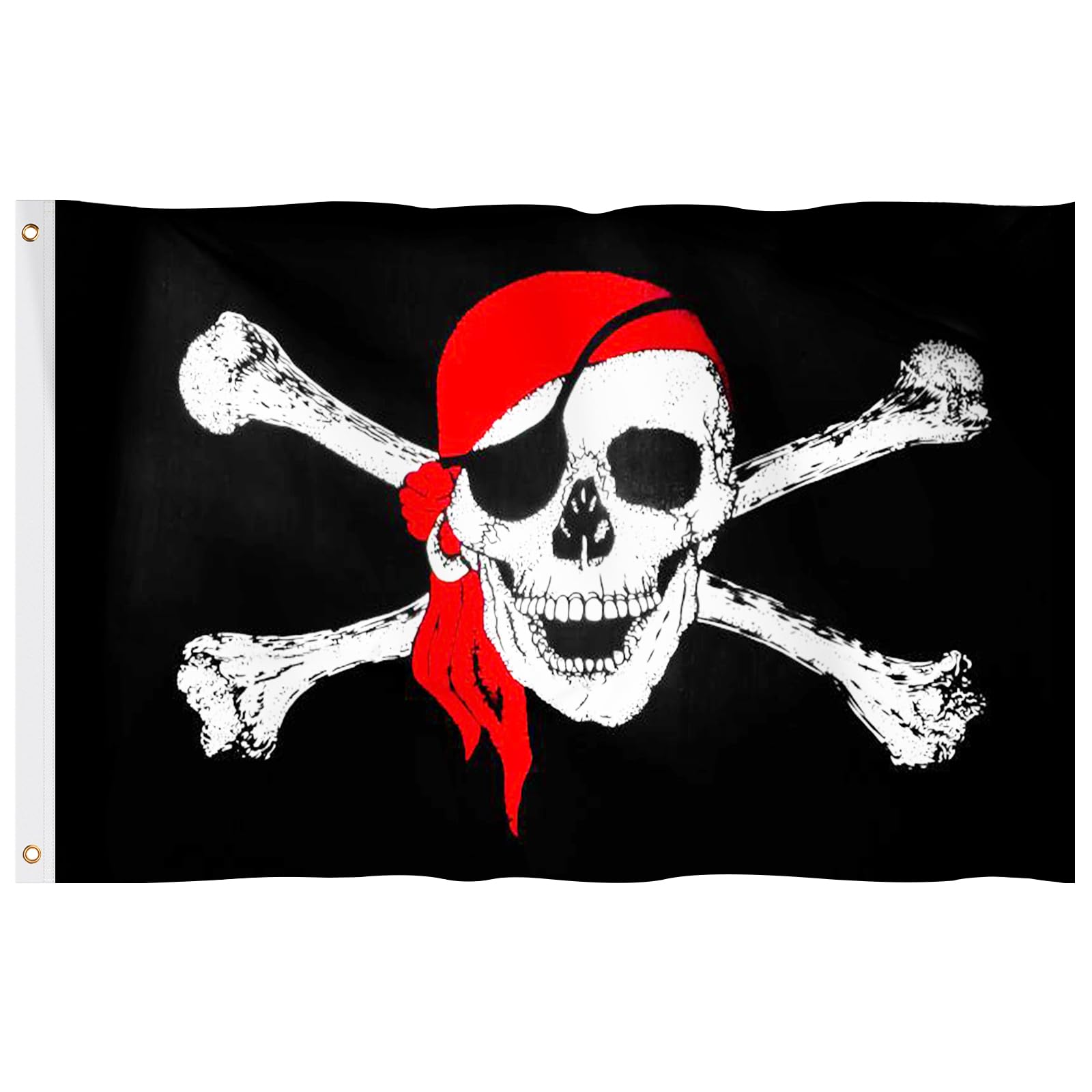 Pirate Party Flag, Hianjoo Cosplay Pirate Costume Accessories 5ft x 3ft with Metal Eyelets, Vivid Color Fade Proof Polyester Canvas Header Double Stitched Halloween Decoration Skull Crossbones Flag