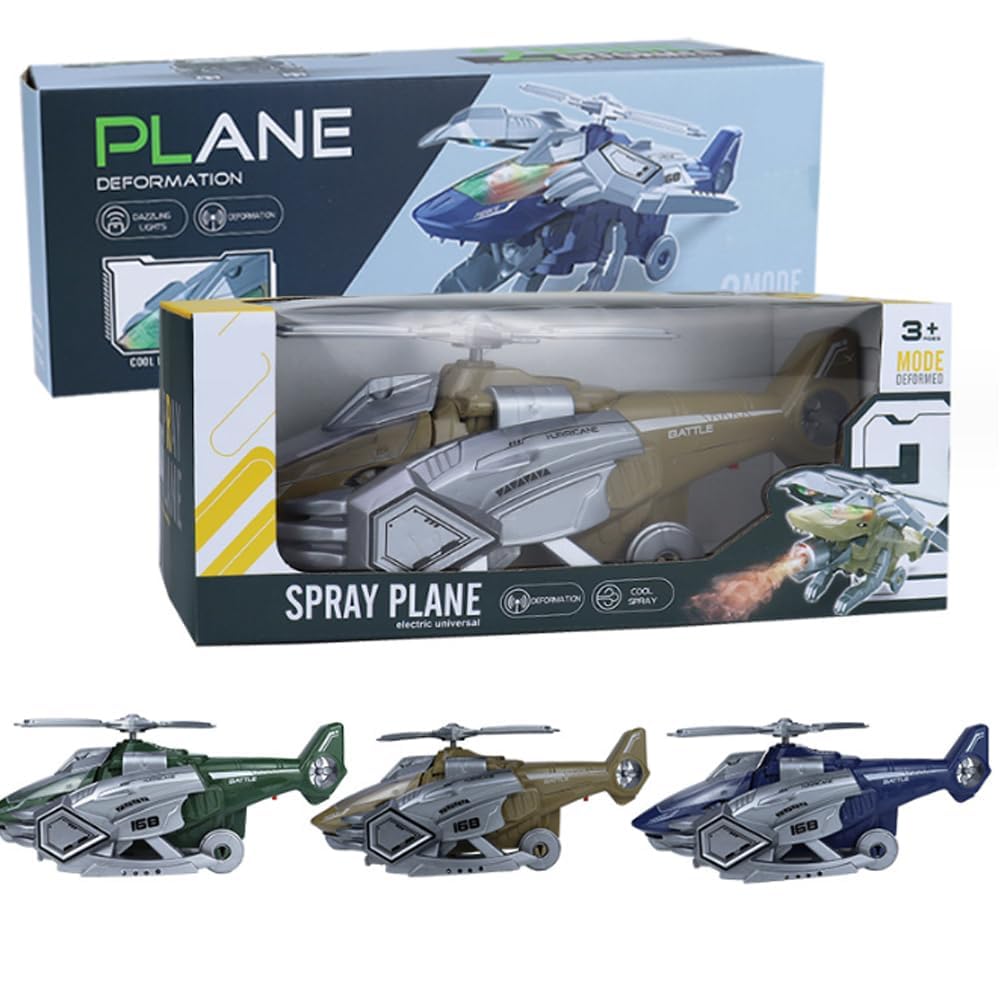 DZLING Transforming Dinosaur Helicopter Toy with LED Lights, Music, Spray Function, Automatic Transform Feature - Multi Colour