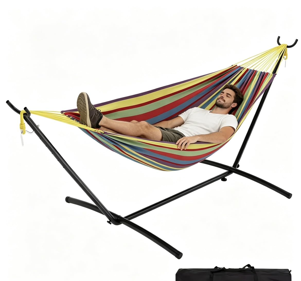 450Lbs Hammock with Stand for Outdoor, Portable Polyester-Cotton Double Hammock with Iron Frame, Storage Bag for Garden, Indoor, Patio, Yard, Yellow Rainbow Stripes