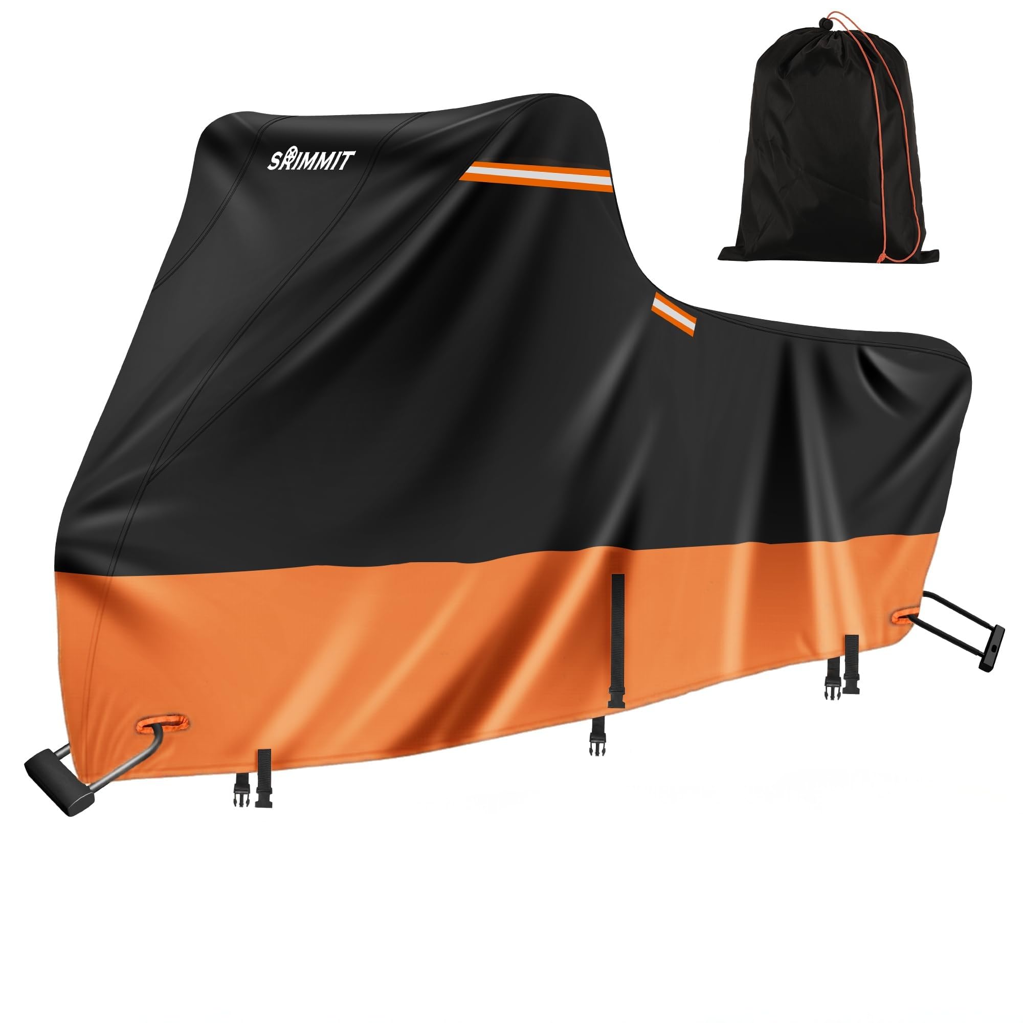 Motorcycle Cover Outdoor, 420D Heavy Duty, 5 Reflective Strips, 2 Air Vents, Waterproof Scooter Cover (2XL 96"x 43.3"x 55" Black & Orange)