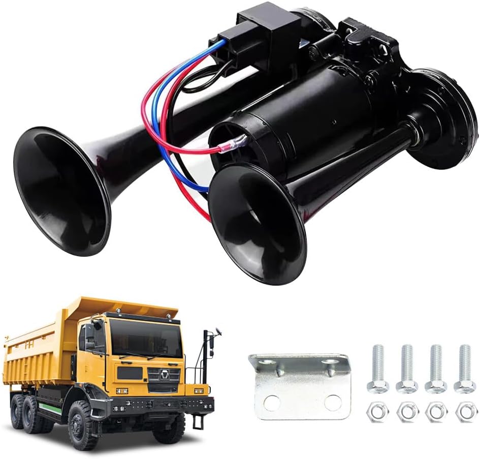 Air Horn 12V, 600DB Super Loud Car Horn, Double Tube Train Horn with Compressor, Airhorn for Truck, Train, Car, Van (Black)