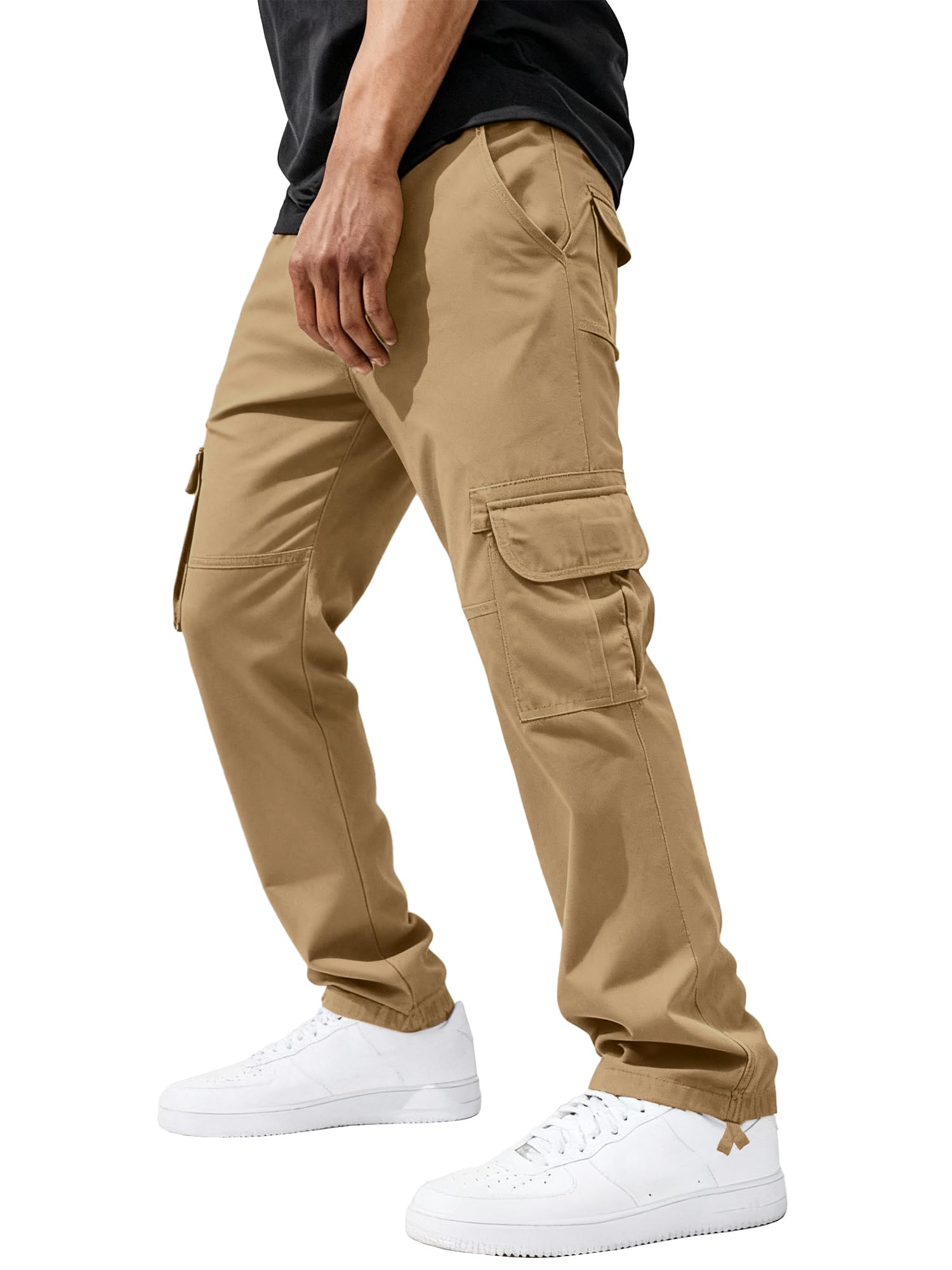 PLEPAN Mens Casual Cargo Pants Relaxed Fit Stretch Joggers Elastic Waist Hiking Pants with 6 Pockets for Streetwear