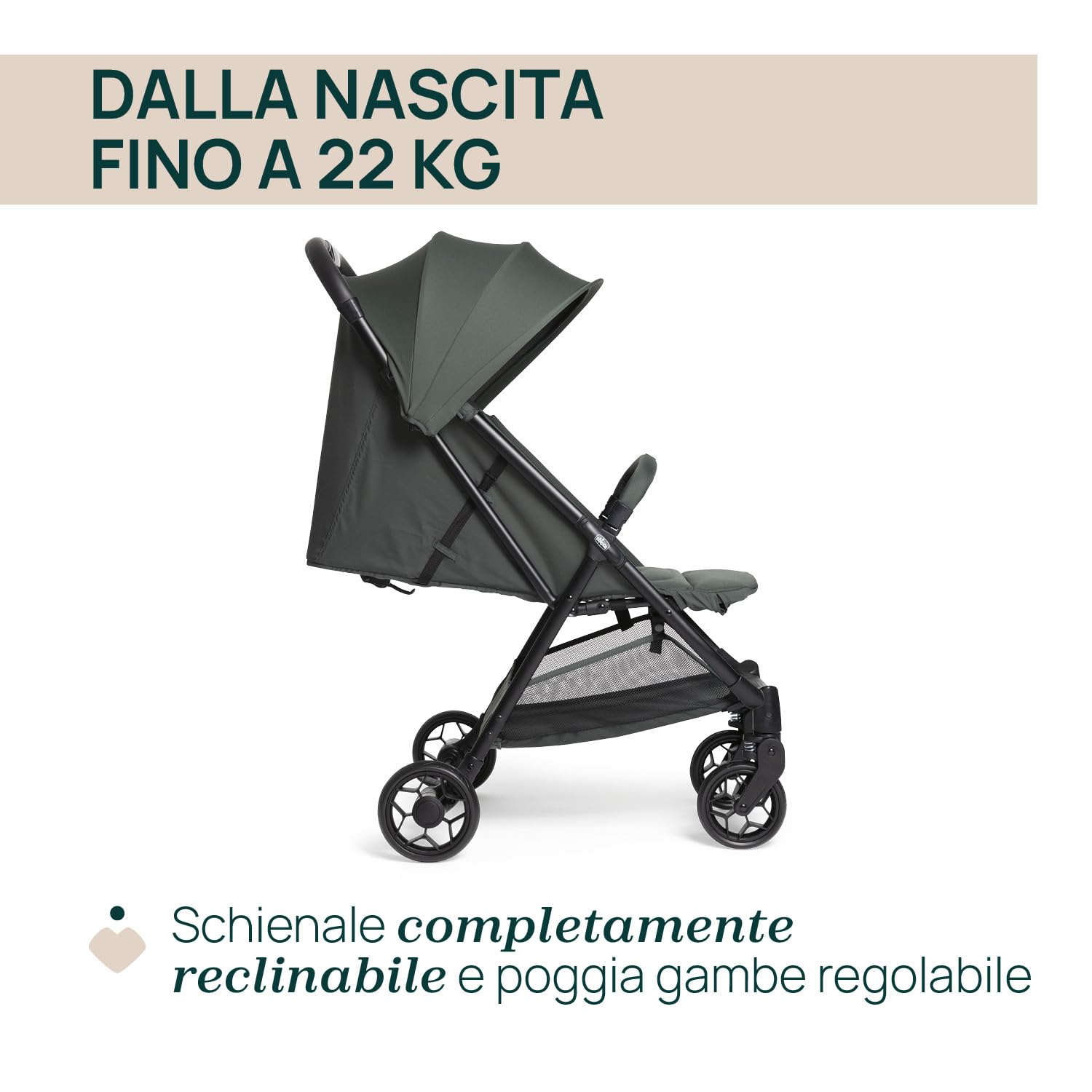 Chicco Urbino, Passeggino 0+ Mesi-22 Kg, Passeggino Leggero con Chiusura Smart e Compatta, Capotte Estensibile con Trattamenti UV50+ Antipioggia, Schienale Reclinabile e Regolabile, Poggiagambe, Verde