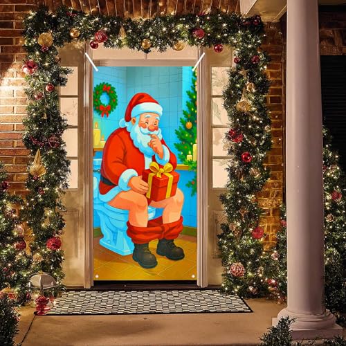 Image of BlissYard Holiday Door Cover Santa Wrapped Box 35x71 Inch Polyester